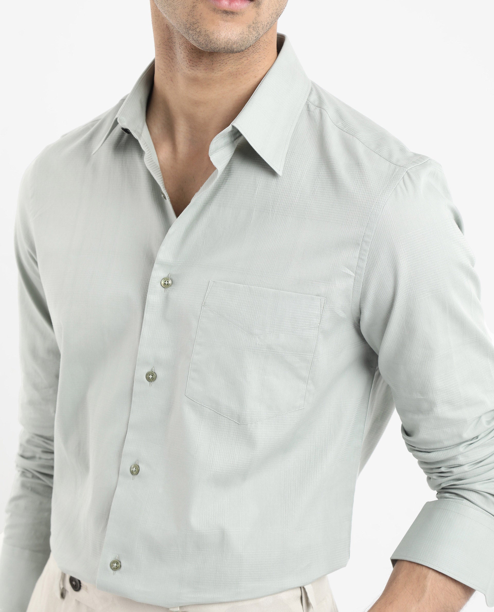 Rare Rabbit Men's Myte Green Cotton Fabric Full Sleeve Regular Fit Self Check Dobby Shirt