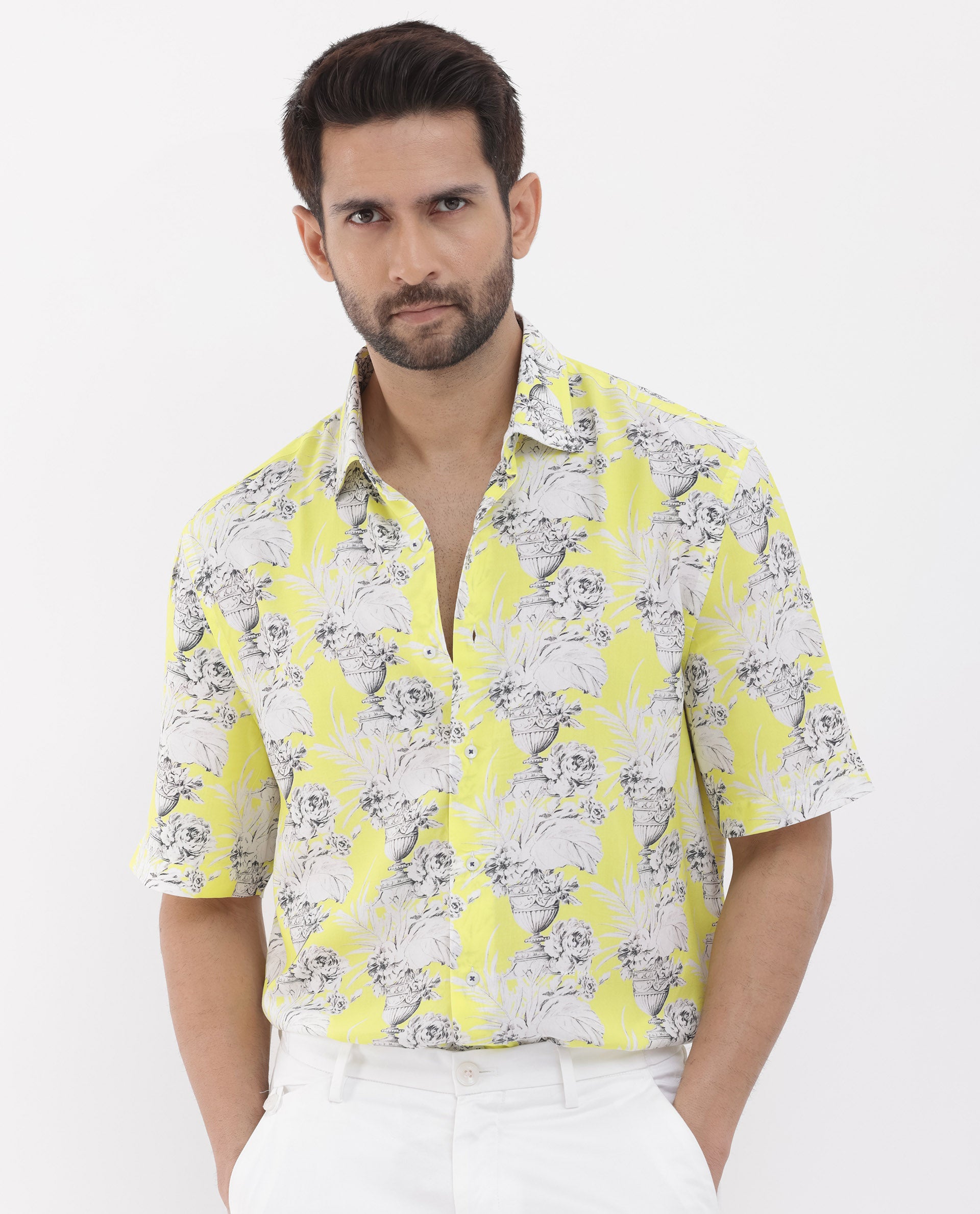 Rare Rabbit Mens Mackle Yellow Viscose Fabric Short Sleeve Boxy Fit Abstract Print Shirt