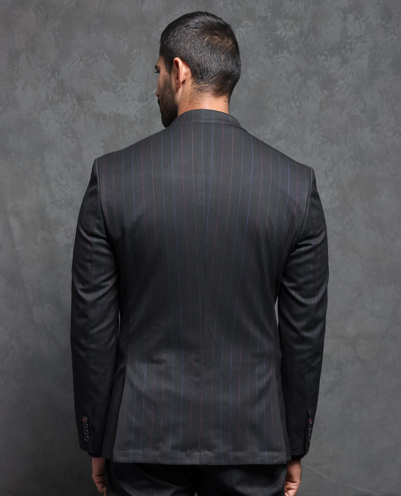Rare Rabbit Men's Markas Black Polyester Viscose Fabric Peak Lapel Button Closure Single Breasted Multi Colored Stripe Suits