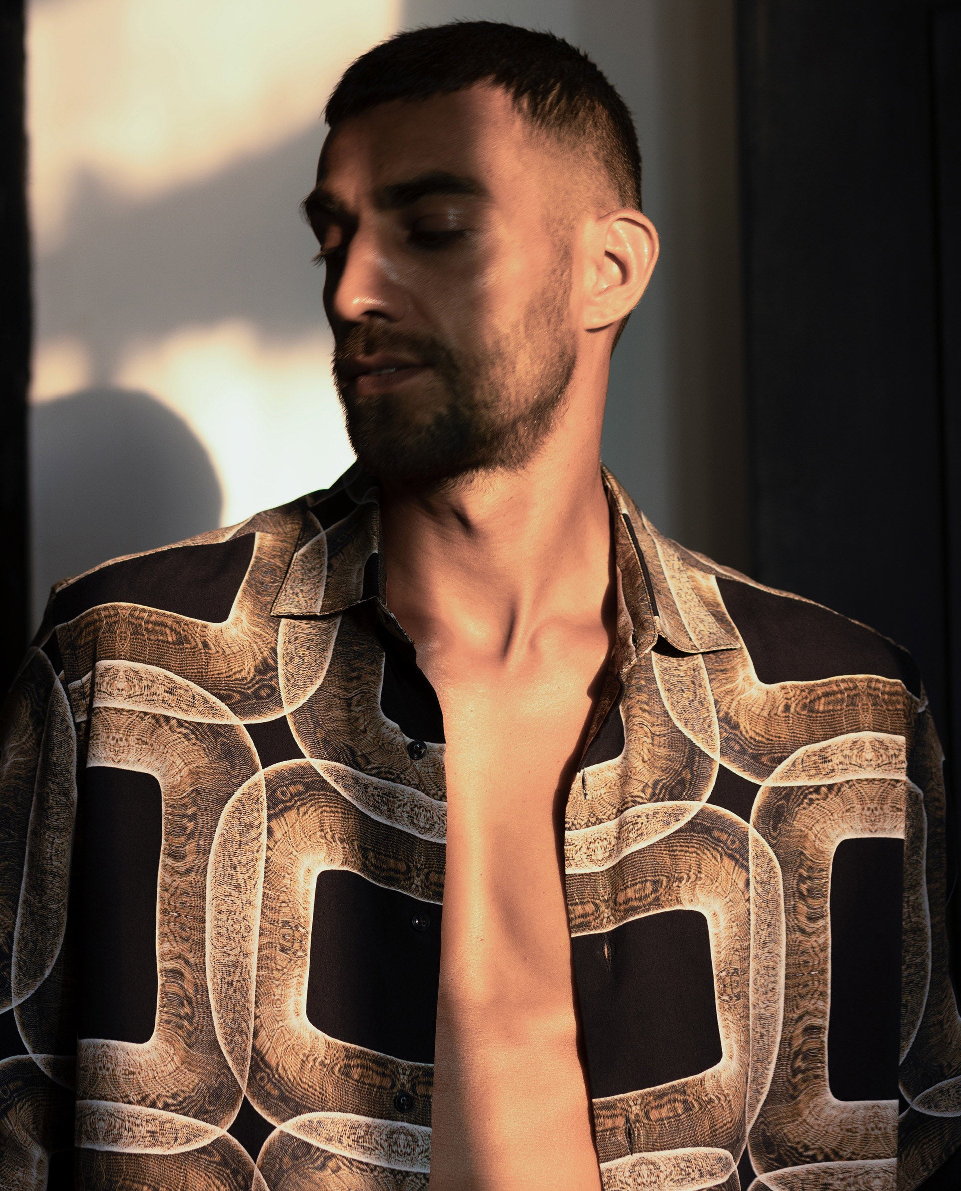 Rare Rabbit Men's Mecro LS Mustard Viscose Fabric Full Sleeves Abstract Geometric Print Shirt