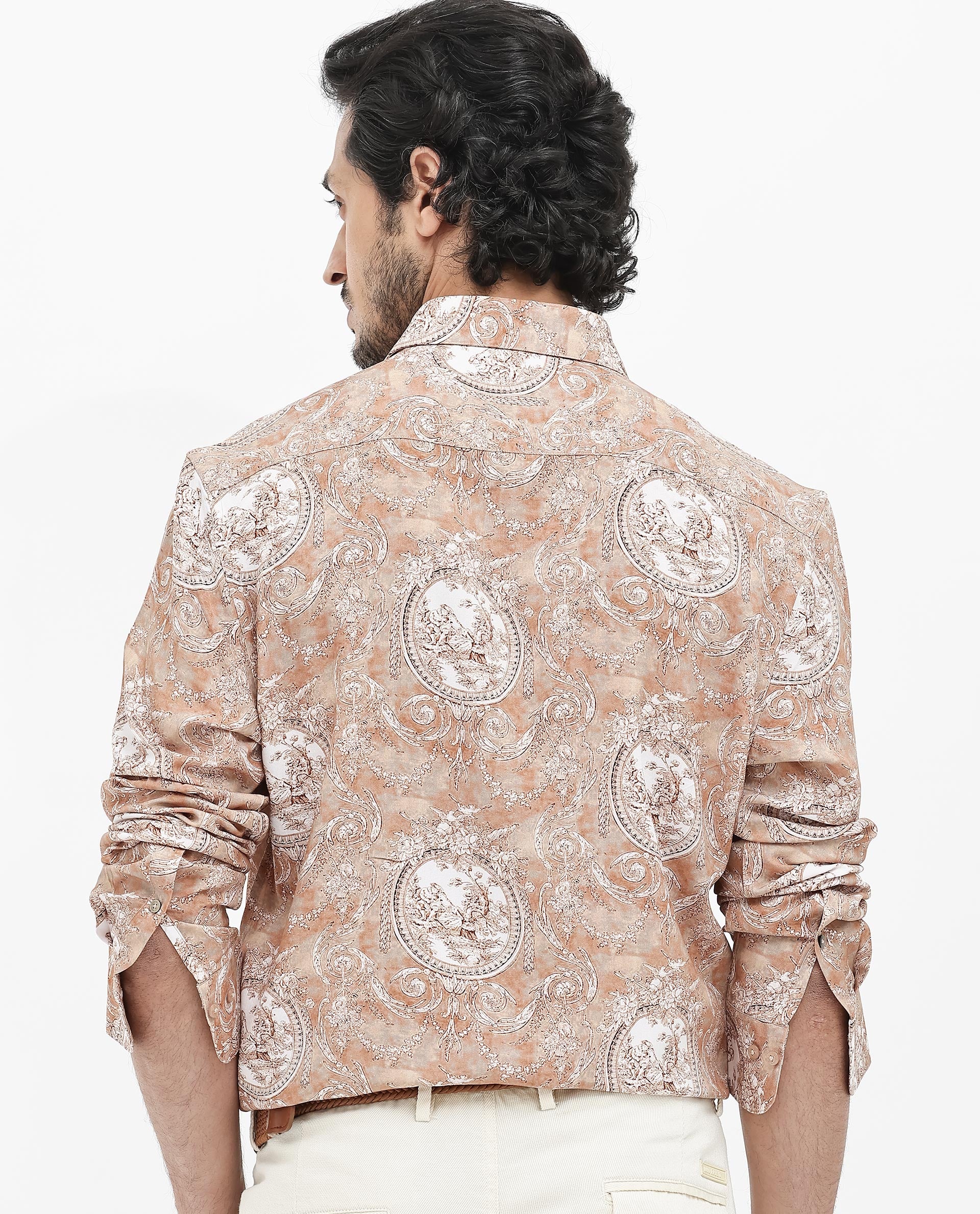 Rare Rabbit Mens Meridin Beige Viscose Decorative Art Print Full Sleeve Shirt