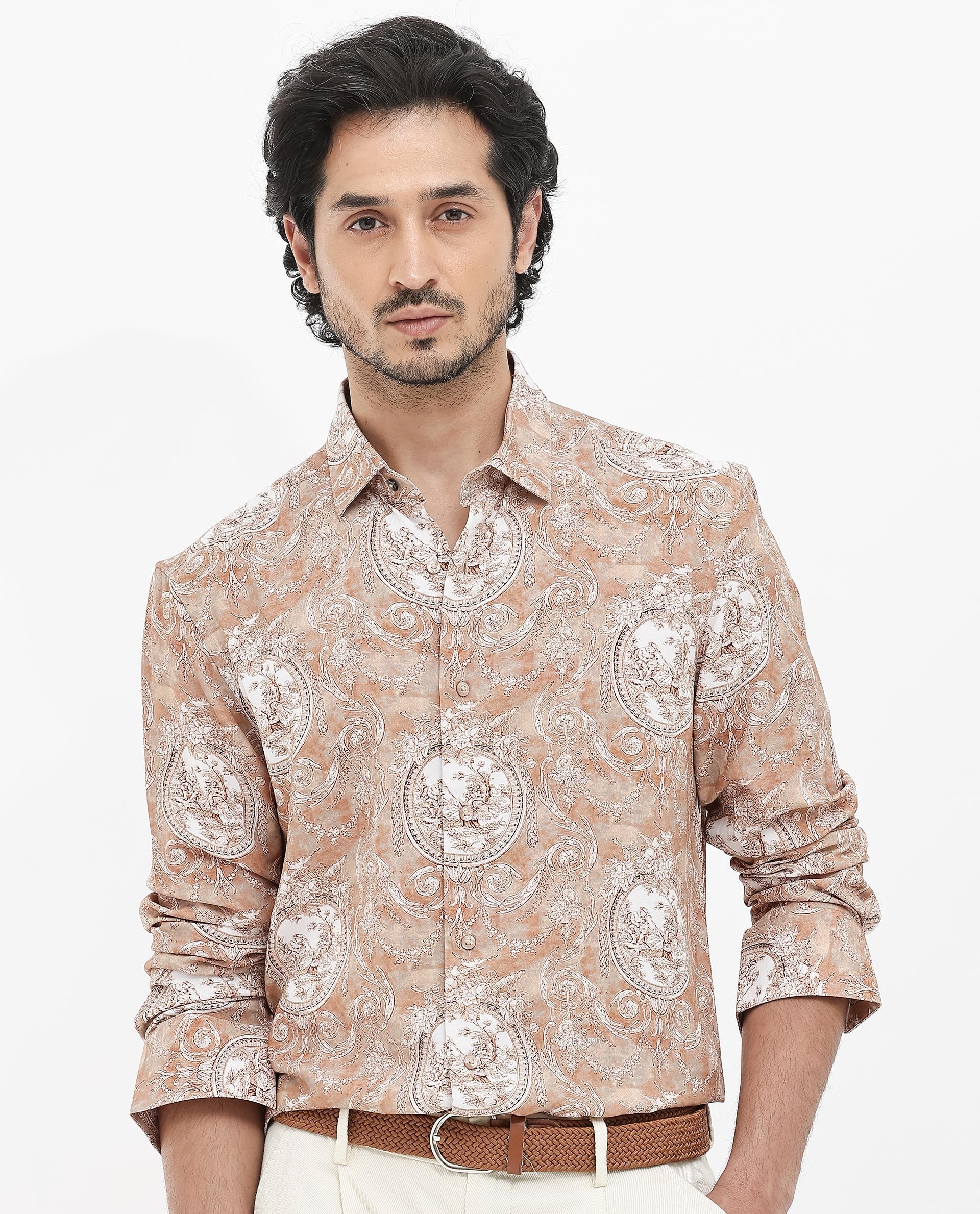 Rare Rabbit Mens Meridin Beige Viscose Decorative Art Print Full Sleeve Shirt