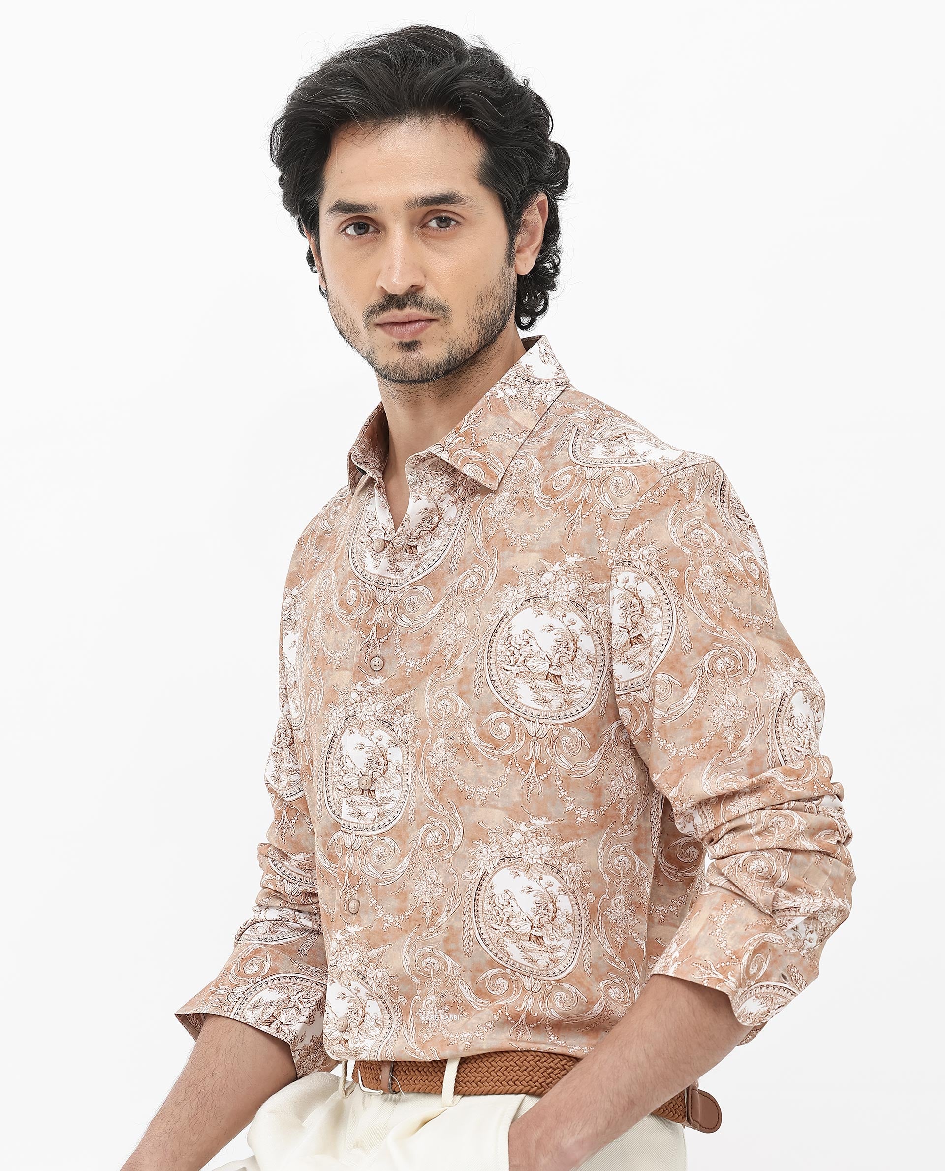 Rare Rabbit Mens Meridin Beige Viscose Decorative Art Print Full Sleeve Shirt