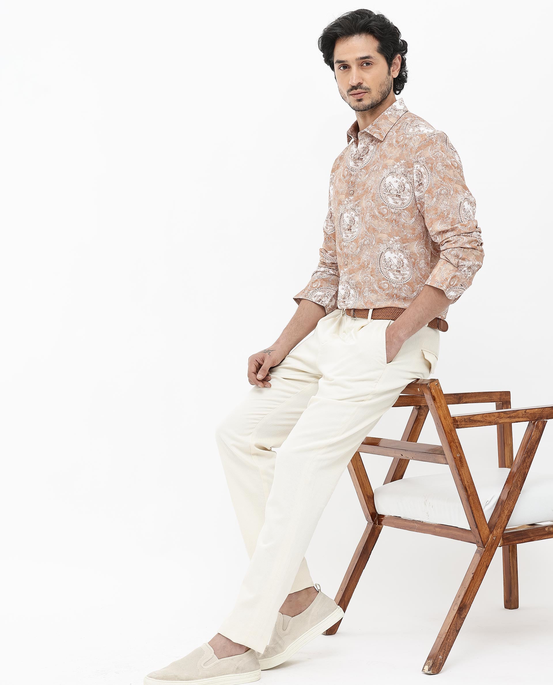 Rare Rabbit Mens Meridin Beige Viscose Decorative Art Print Full Sleeve Shirt