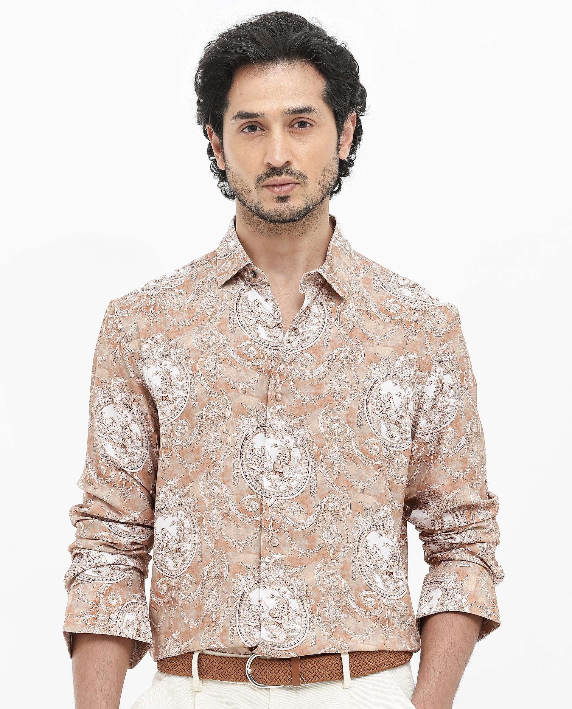 Rare Rabbit Mens Meridin Beige Viscose Decorative Art Print Full Sleeve Shirt