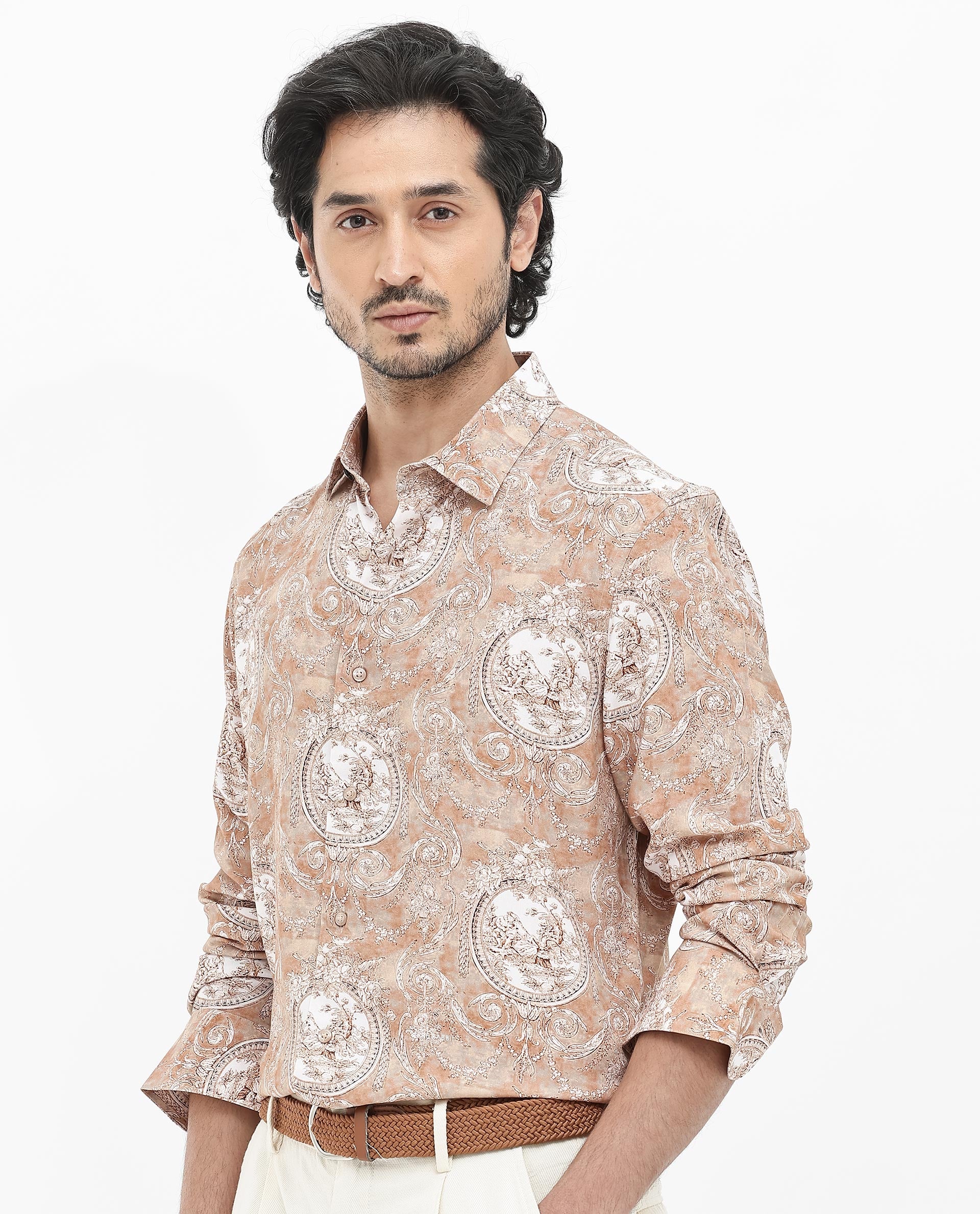 Rare Rabbit Mens Meridin Beige Viscose Decorative Art Print Full Sleeve Shirt
