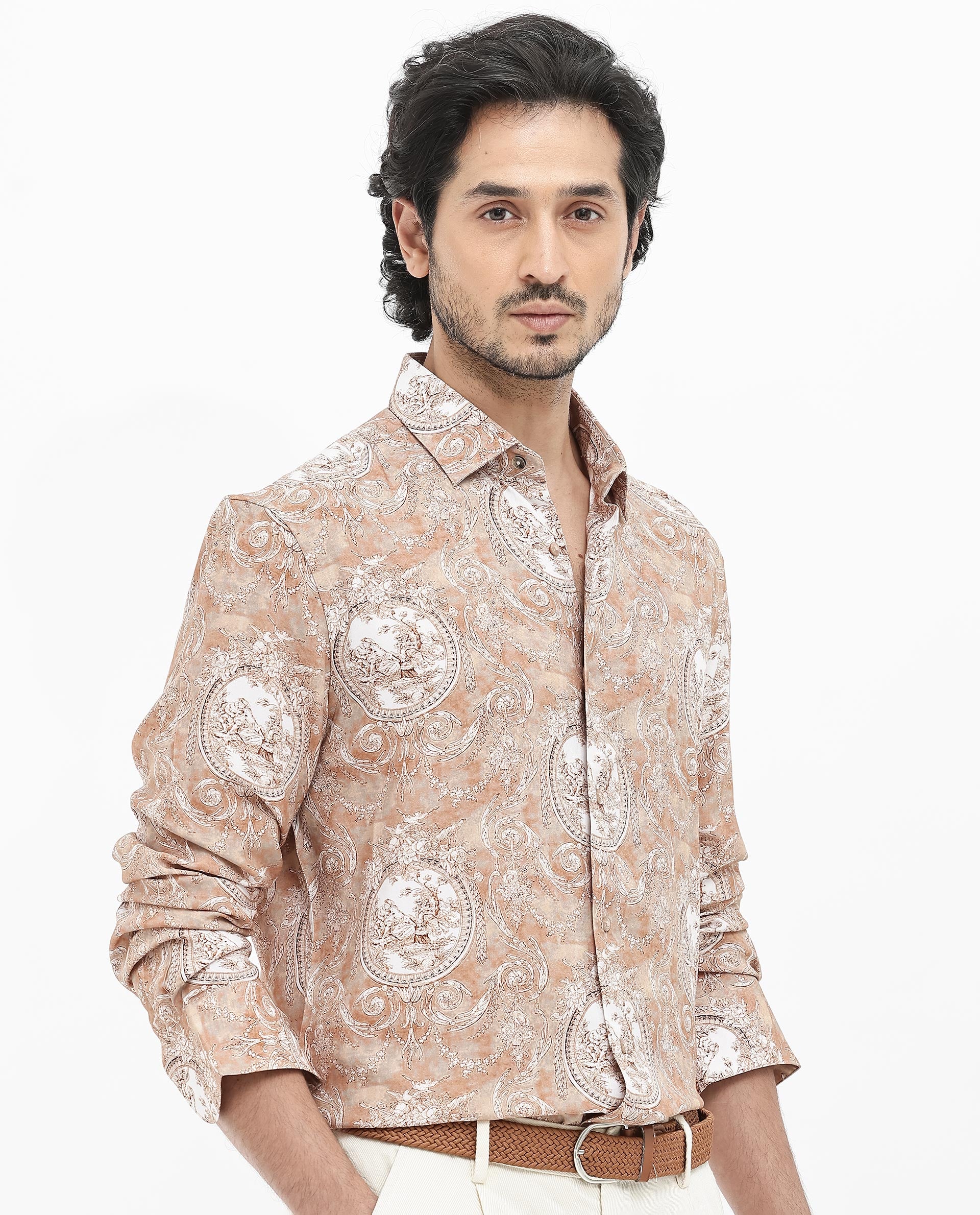 Rare Rabbit Mens Meridin Beige Viscose Decorative Art Print Full Sleeve Shirt
