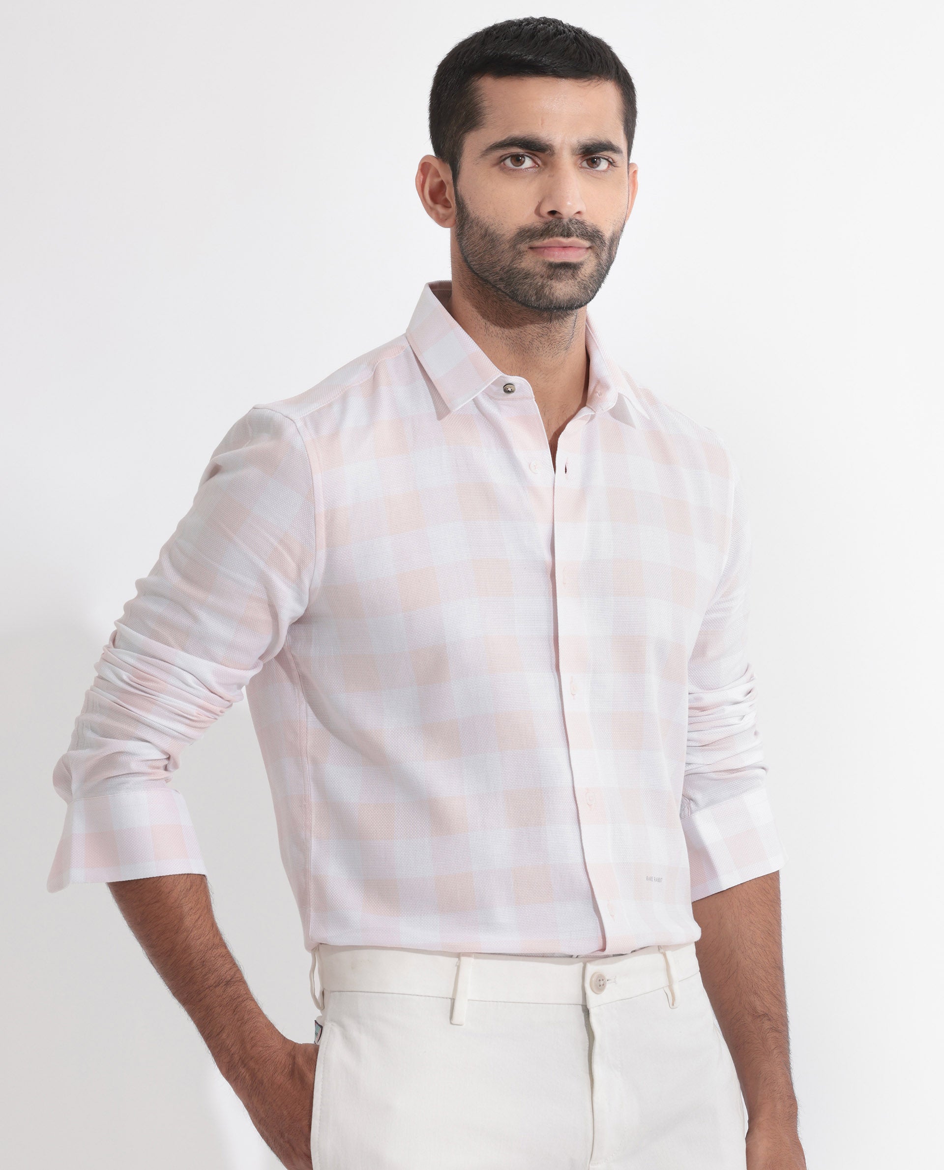 Rare Rabbit Men's Munich Pink Cotton Fabric Full Sleeves Checks Shirt