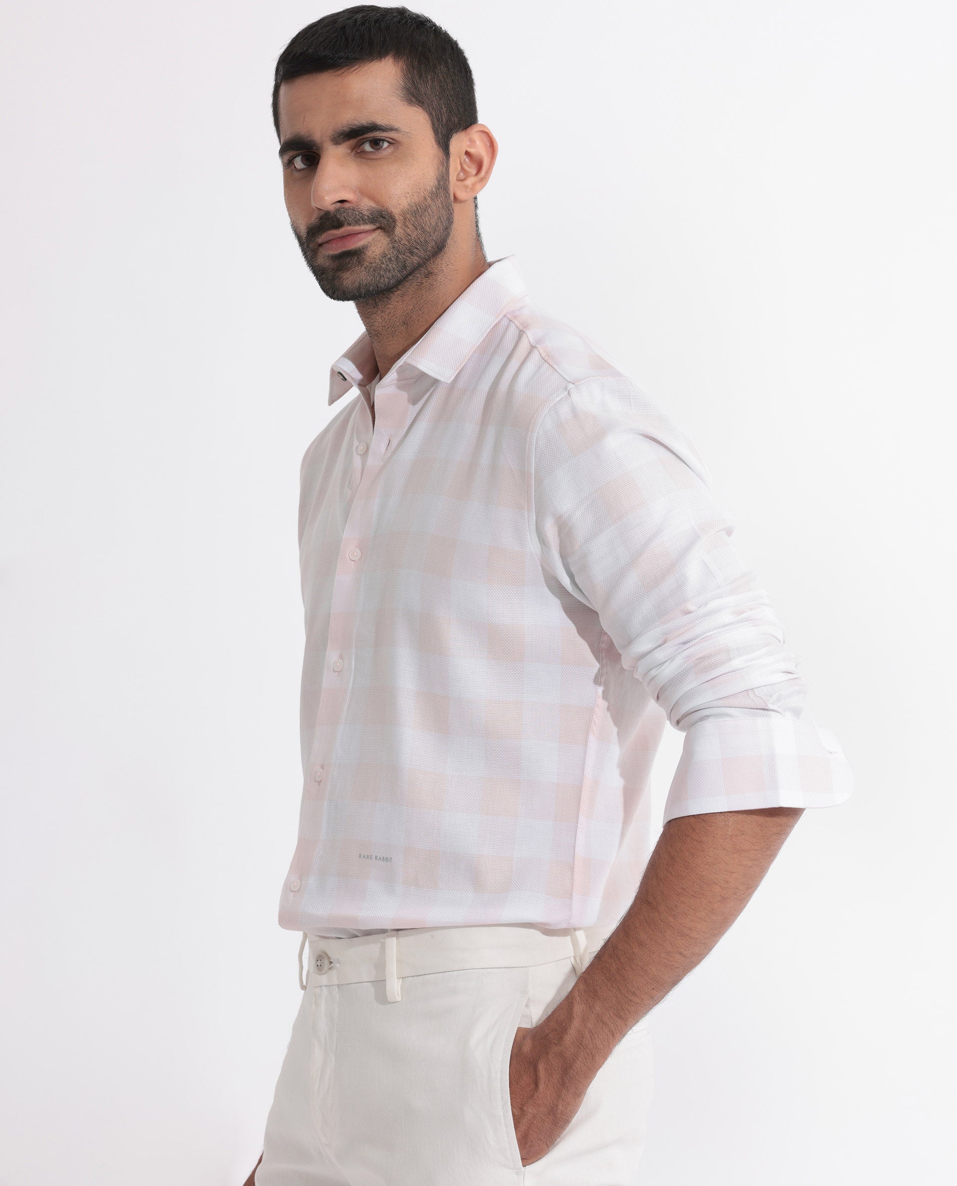 Rare Rabbit Men's Munich Pink Cotton Fabric Full Sleeves Checks Shirt