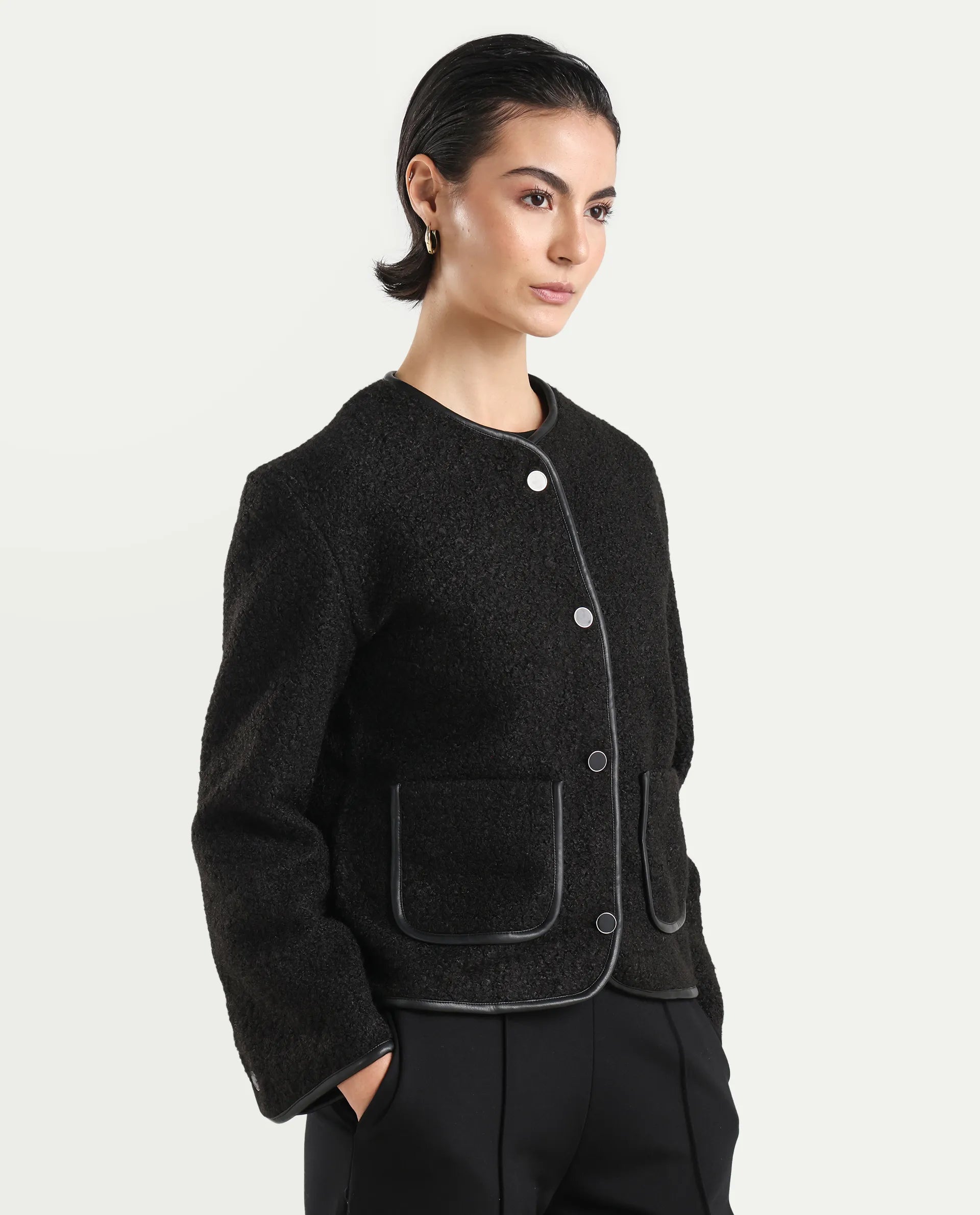 Rareism Women's Nabuc Black Polyester Jacket Plain Jacket