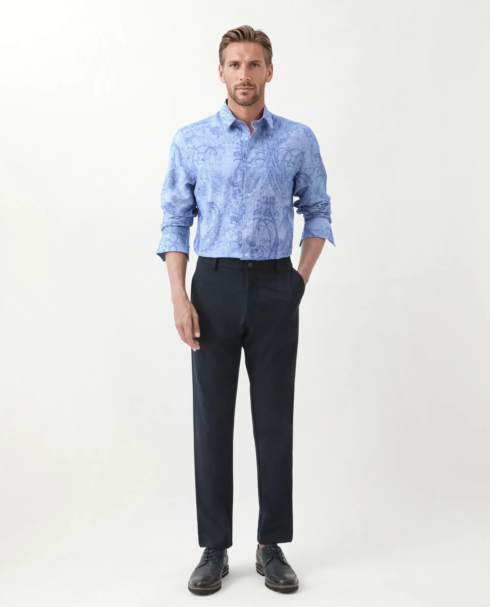 Rare Rabbit Men's Naci Light Blue Tencel Paisley Print Regular Fit Full Sleeve Collared Shirt