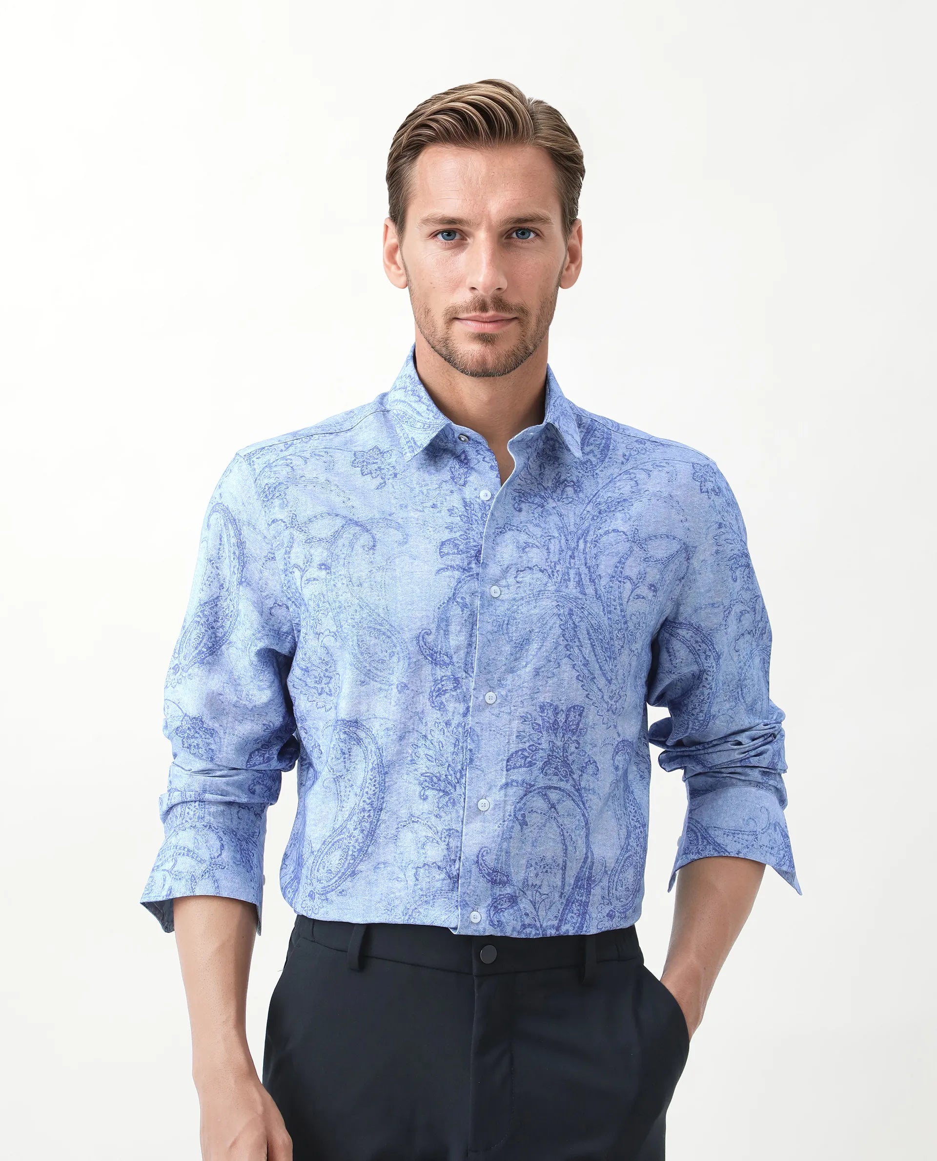 Rare Rabbit Men's Naci Light Blue Tencel Paisley Print Regular Fit Full Sleeve Collared Shirt