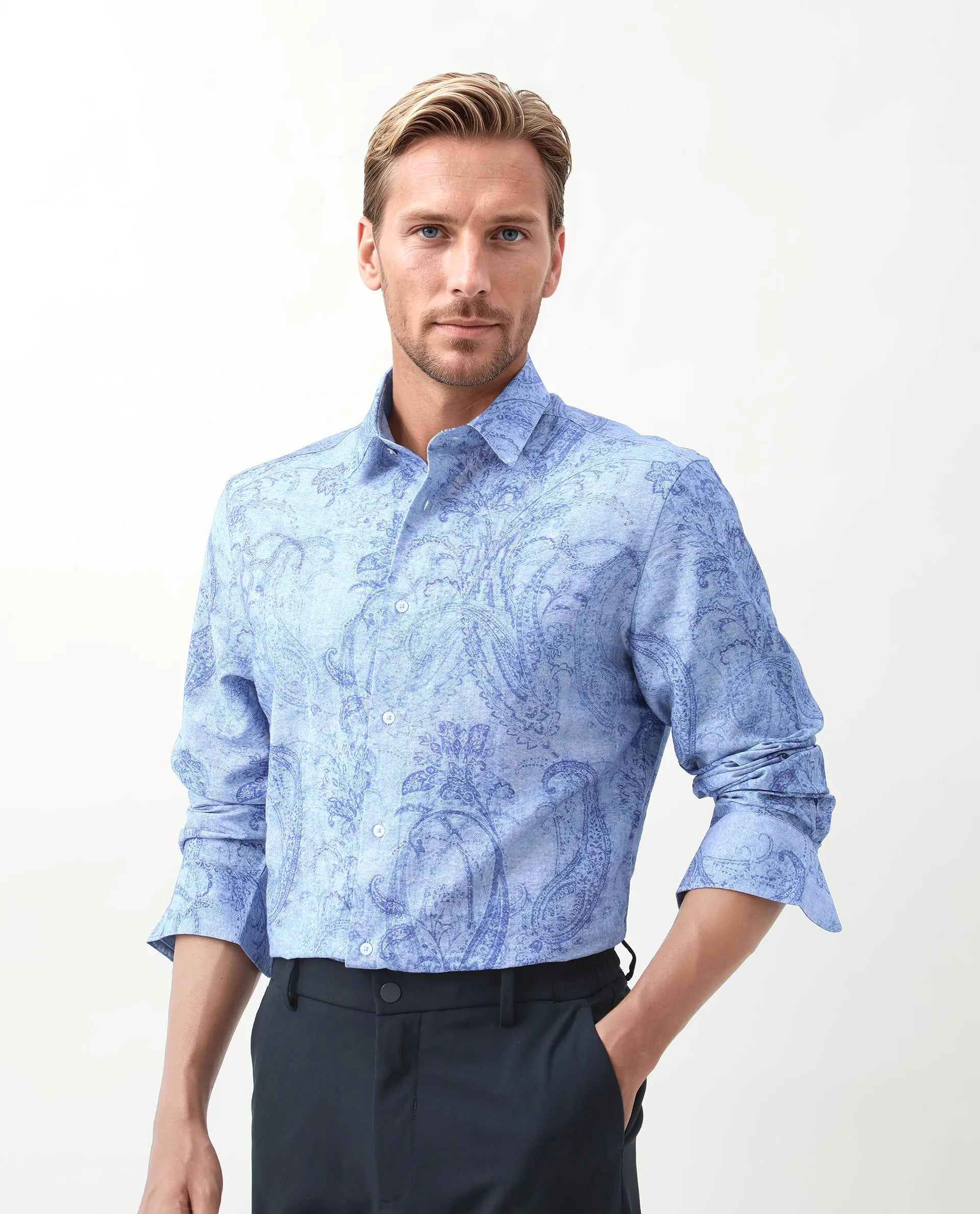 Rare Rabbit Men's Naci Light Blue Tencel Paisley Print Regular Fit Full Sleeve Collared Shirt