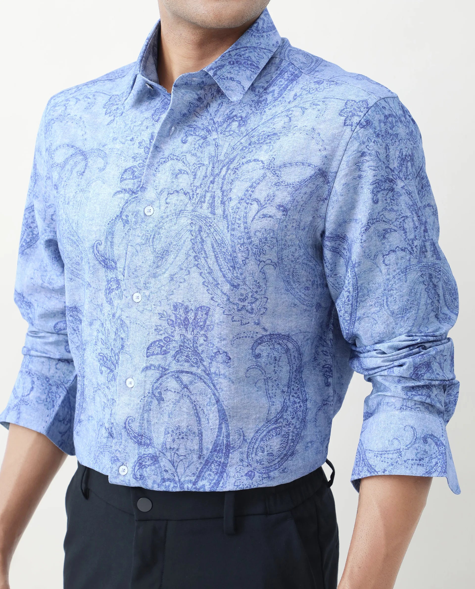 Rare Rabbit Men's Naci Light Blue Tencel Paisley Print Regular Fit Full Sleeve Collared Shirt