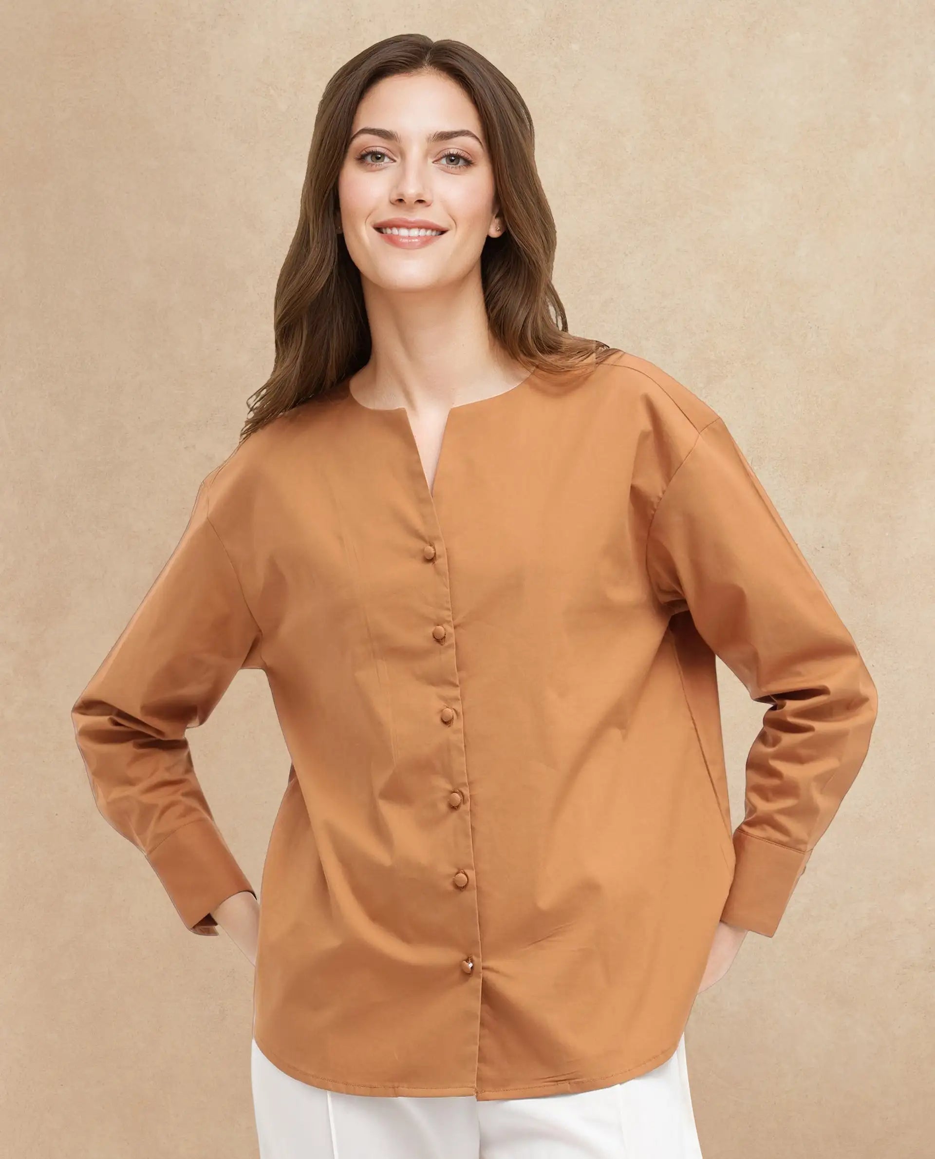 Rareism Women's Nagoya Light Brown Crew Neck Plain Cuffed Sleeve Regular Fit Top