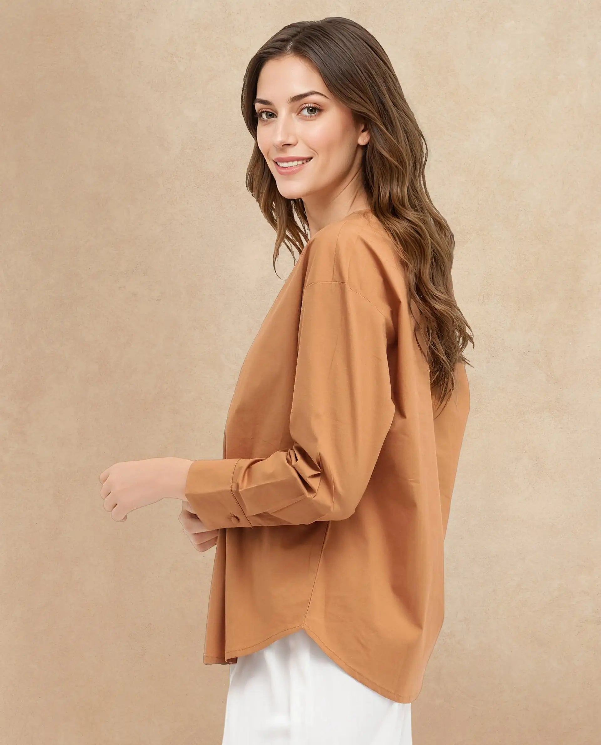 Rareism Women's Nagoya Light Brown Crew Neck Plain Cuffed Sleeve Regular Fit Top