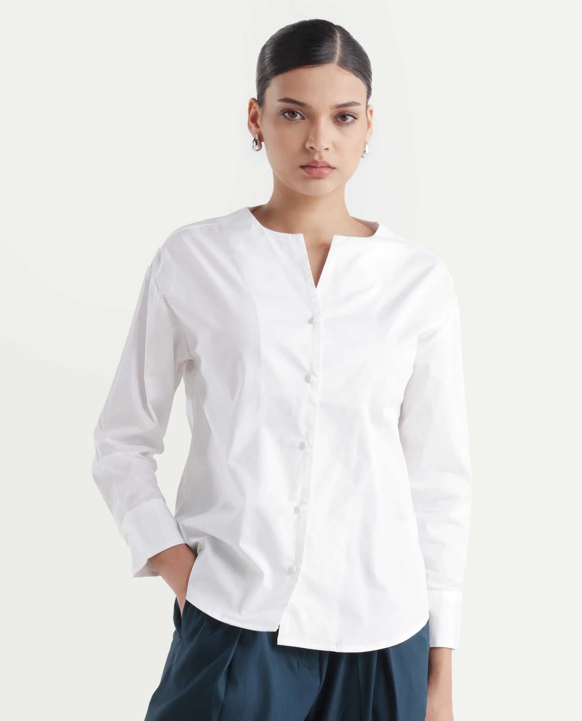 Rareism Women's Nagoya White Cotton Blend Crew Neck Plain Cuffed Sleeve Regular Fit Top