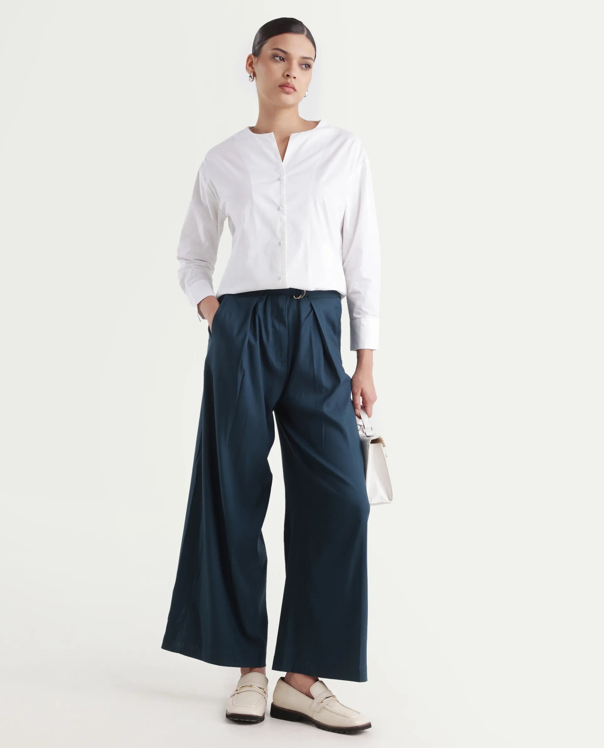 Rareism Women's Nagoya White Cotton Blend Crew Neck Plain Cuffed Sleeve Regular Fit Top