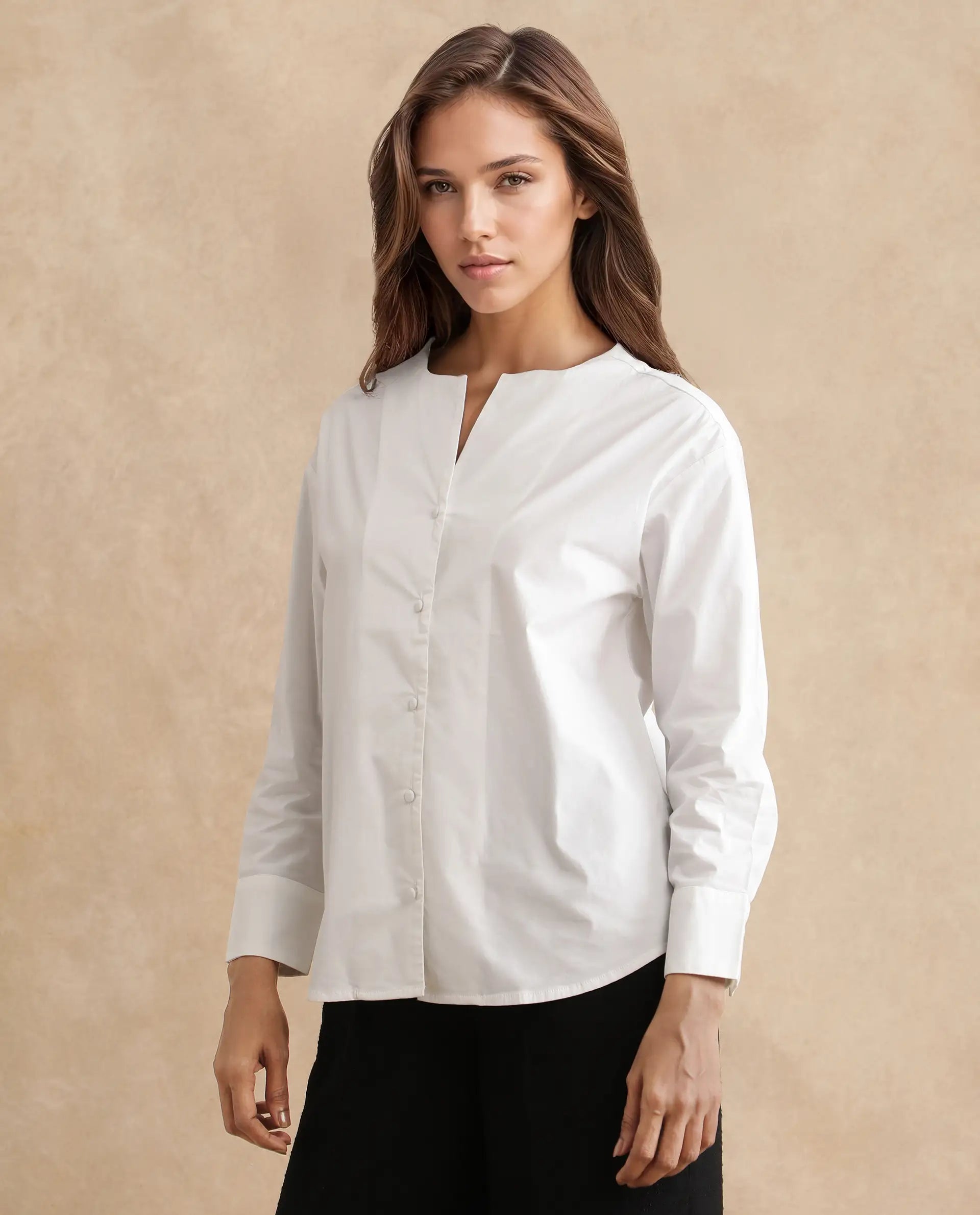 Rareism Women's Nagoya White Cotton Blend Crew Neck Plain Cuffed Sleeve Regular Fit Top