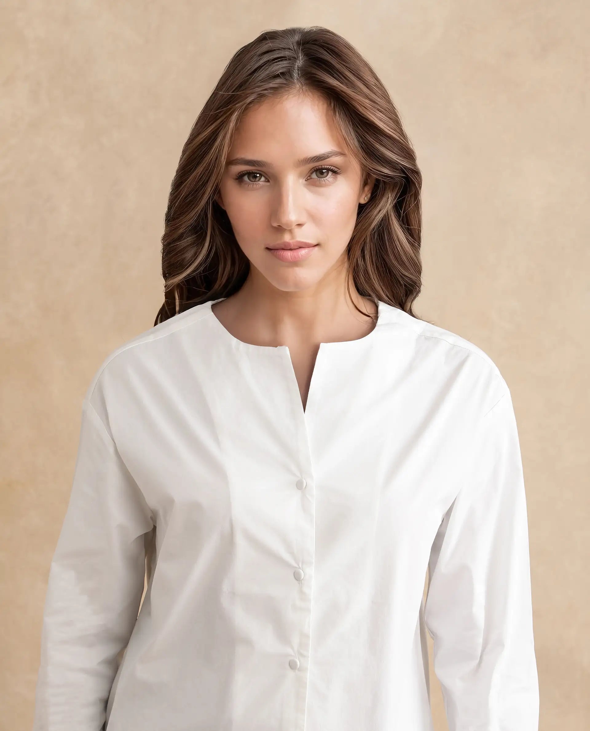 Rareism Women's Nagoya White Cotton Blend Crew Neck Plain Cuffed Sleeve Regular Fit Top