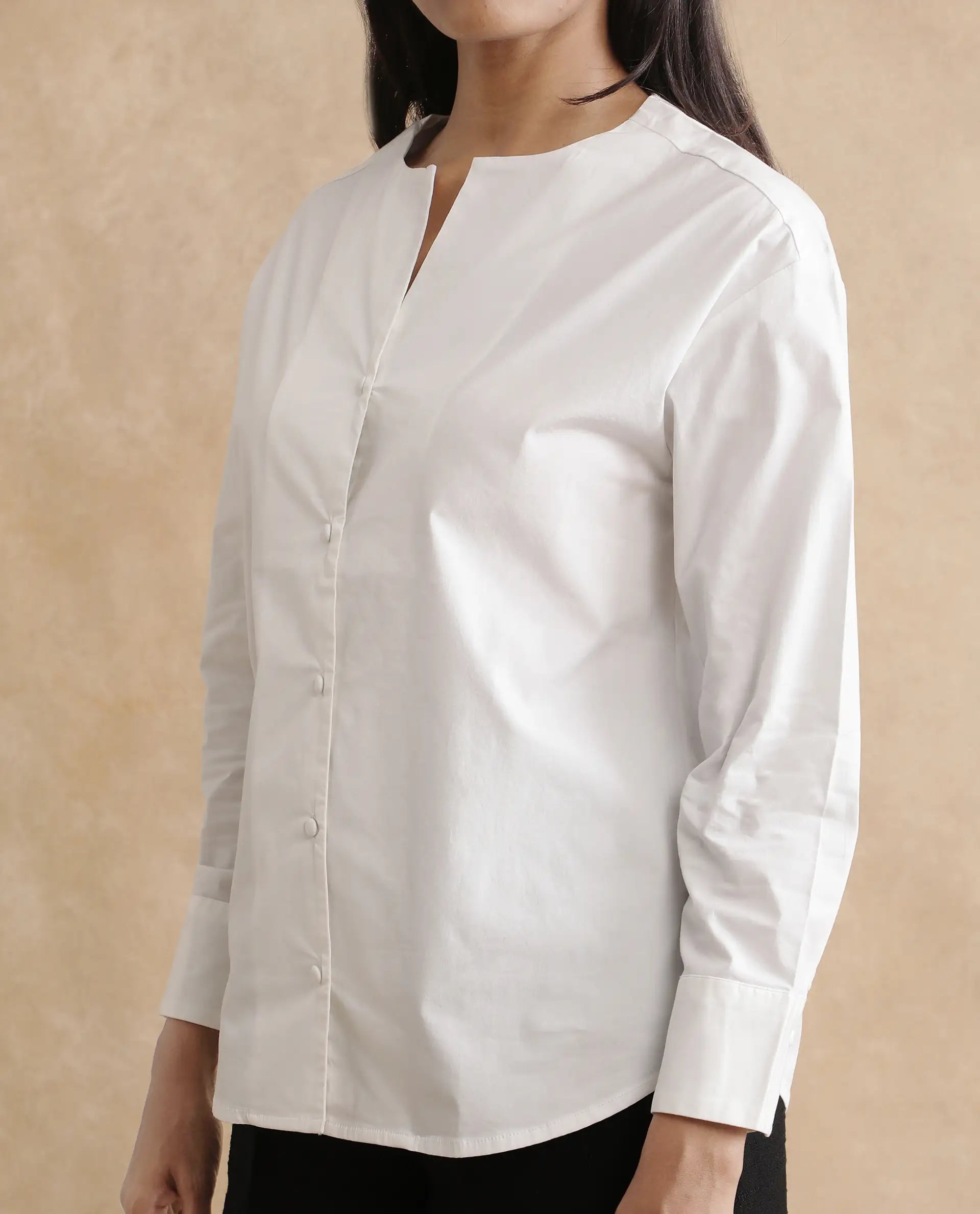 Rareism Women's Nagoya White Cotton Blend Crew Neck Plain Cuffed Sleeve Regular Fit Top