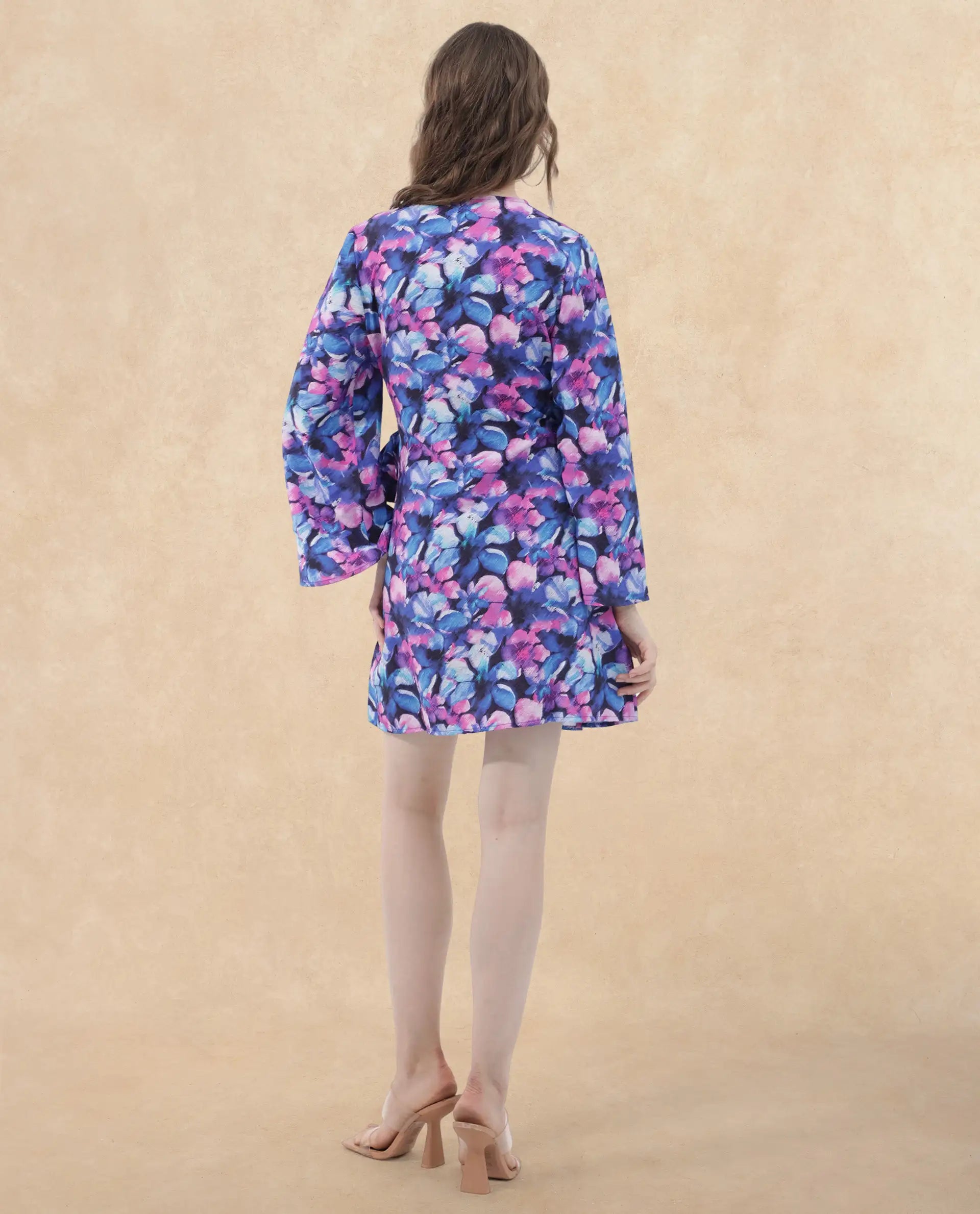 Rareism Women's Naho Multi Rayon Overlap Neck Floral Print Mini Wrap Dress