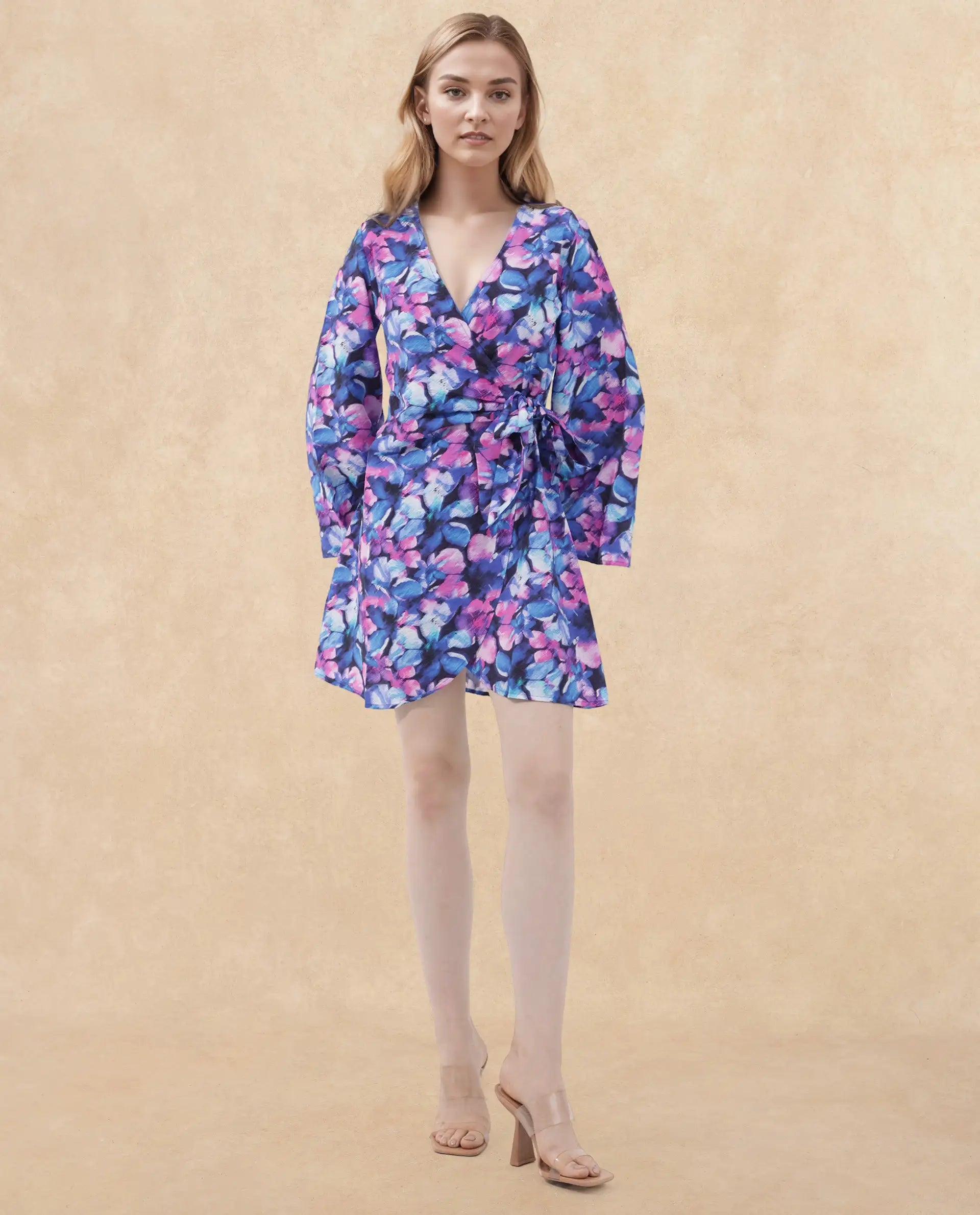 Rareism Women's Naho Multi Rayon Overlap Neck Floral Print Mini Wrap Dress