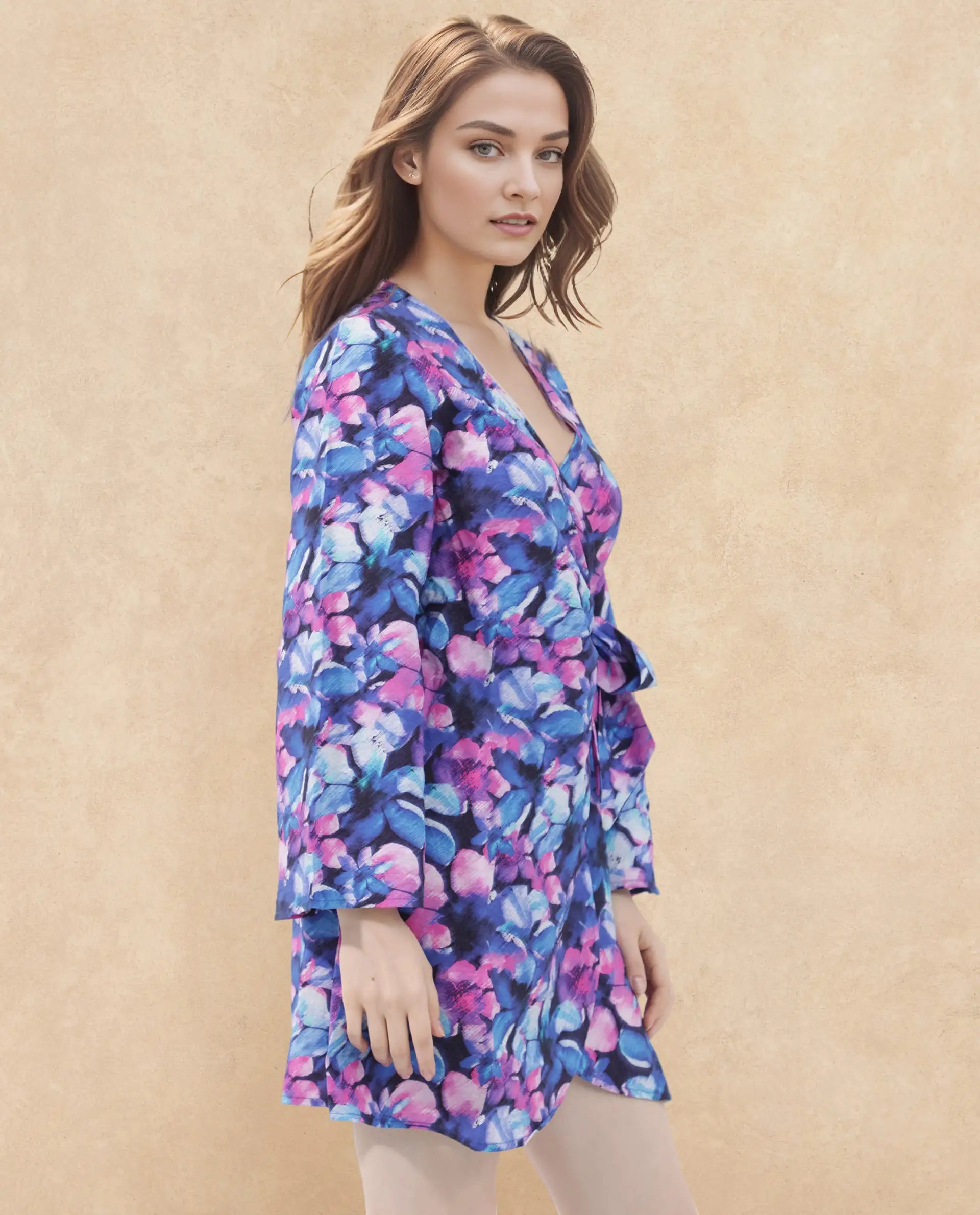 Rareism Women's Naho Multi Rayon Overlap Neck Floral Print Mini Wrap Dress