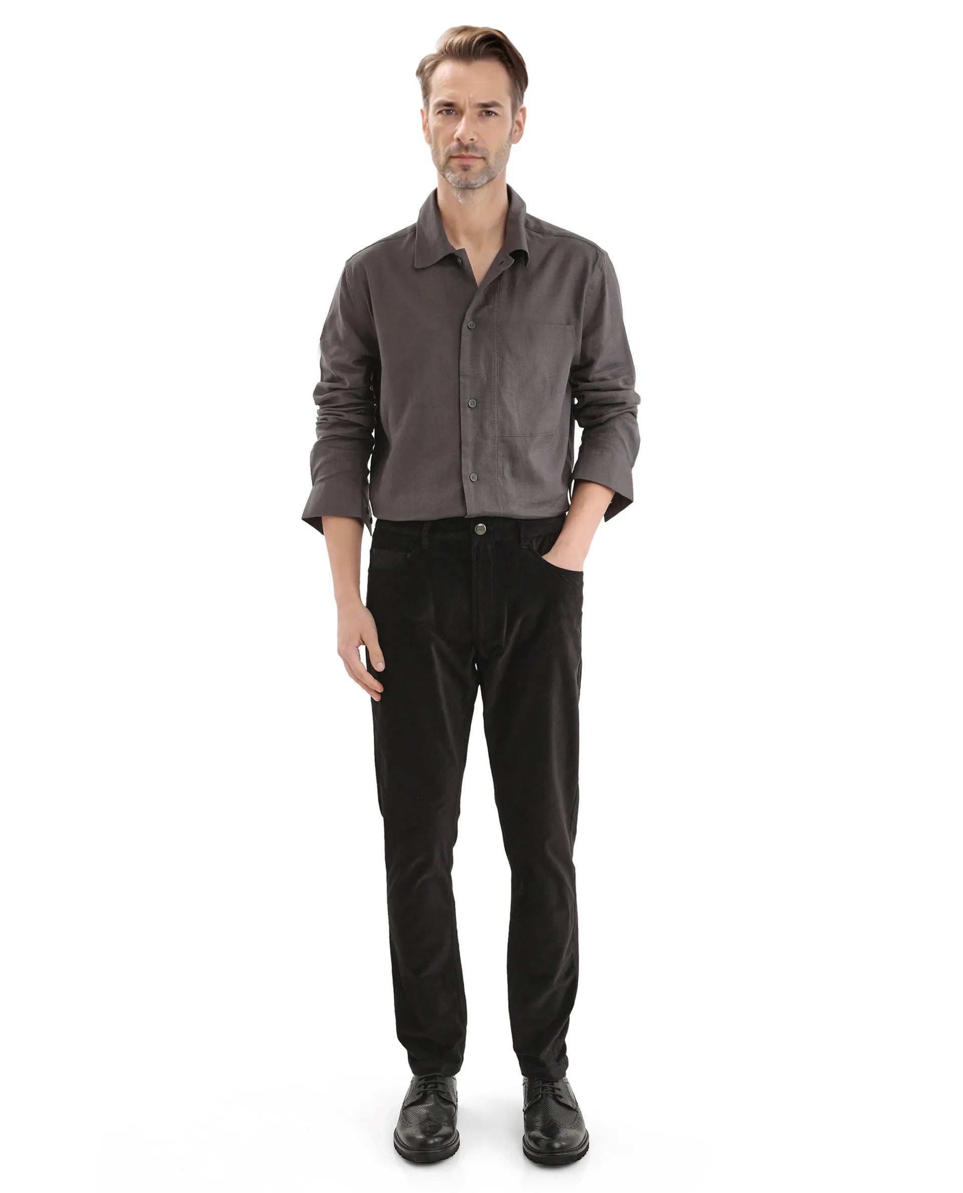 Rare Rabbit Men Nahor Black Cotton Blend Fabric Button Closure Regular Fit Plain Trouser