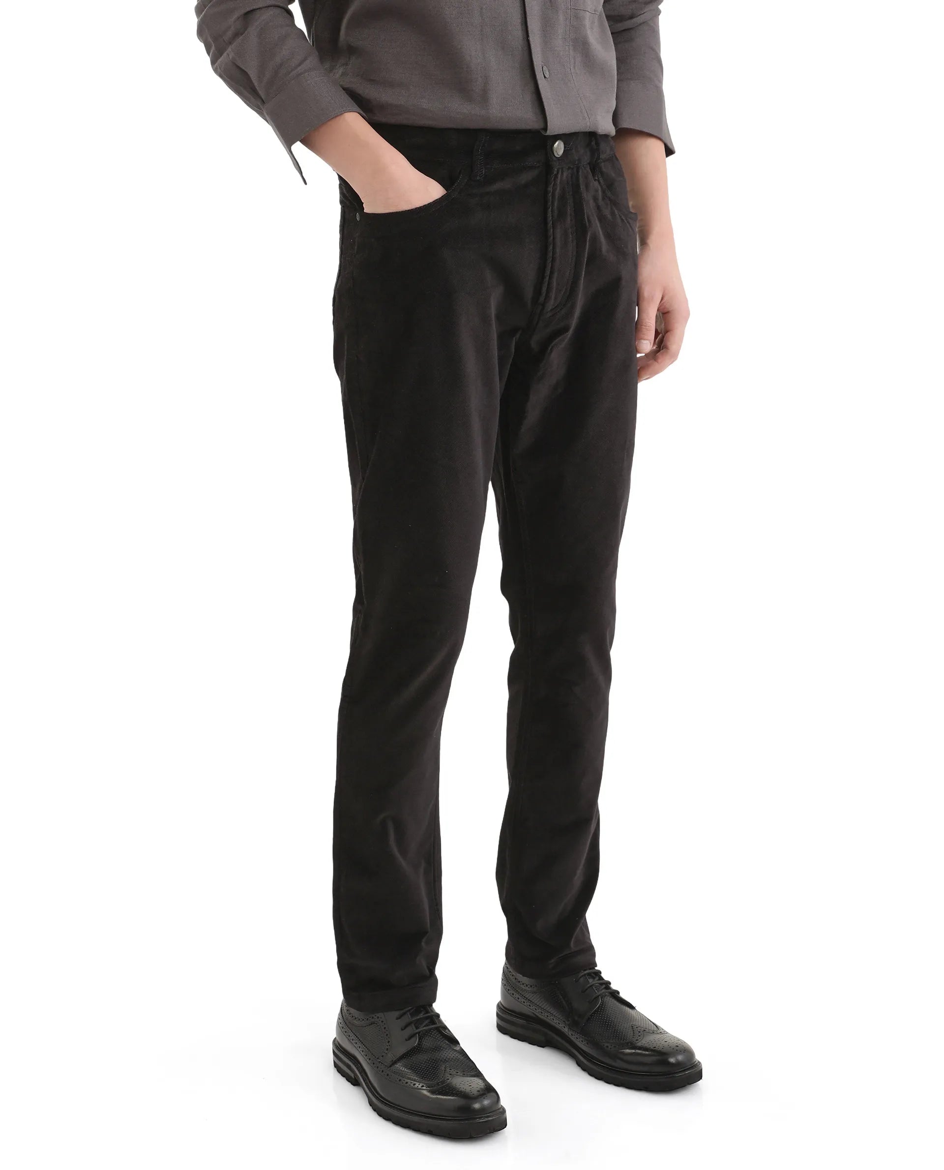Rare Rabbit Men Nahor Black Cotton Blend Fabric Button Closure Regular Fit Plain Trouser
