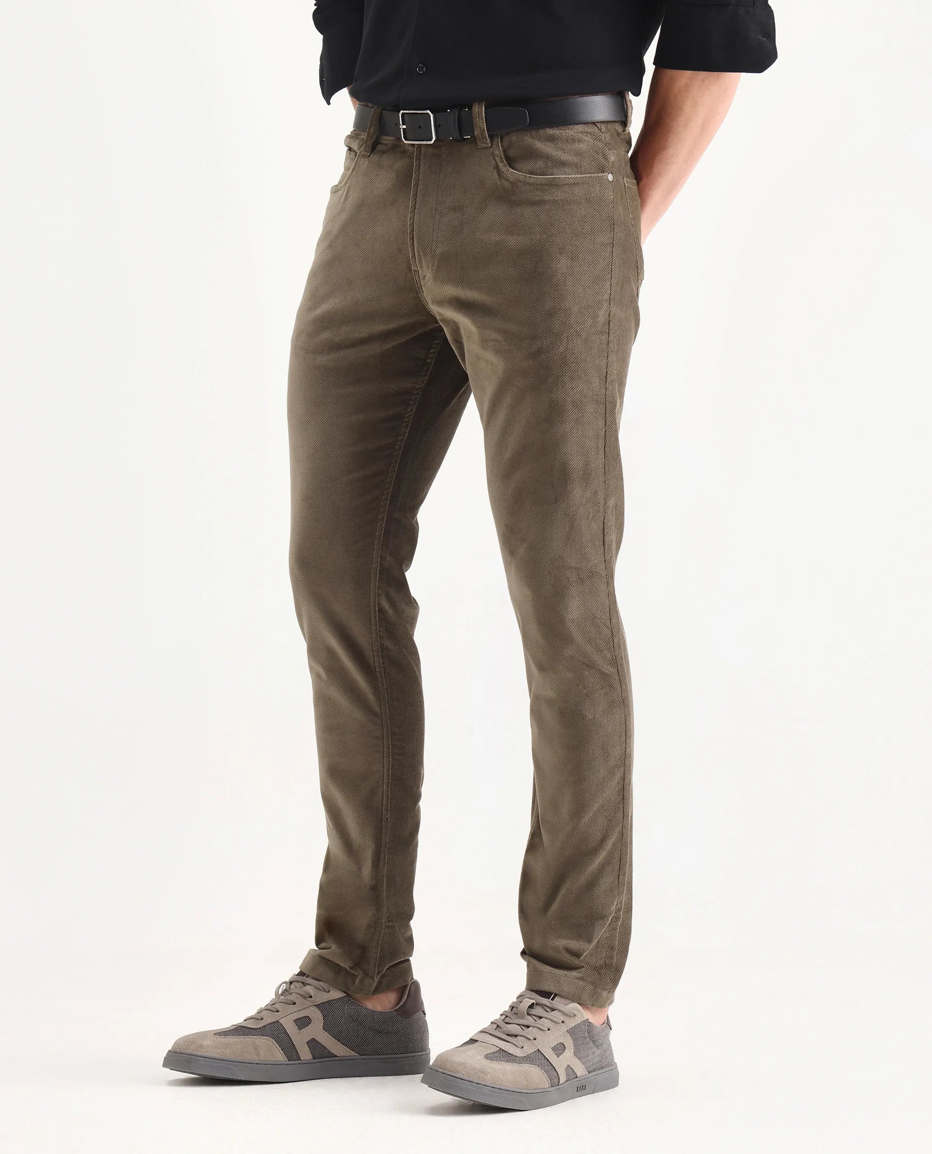 Rare Rabbit Men's Nahor Brown Cotton Plain Regular Fit Trouser