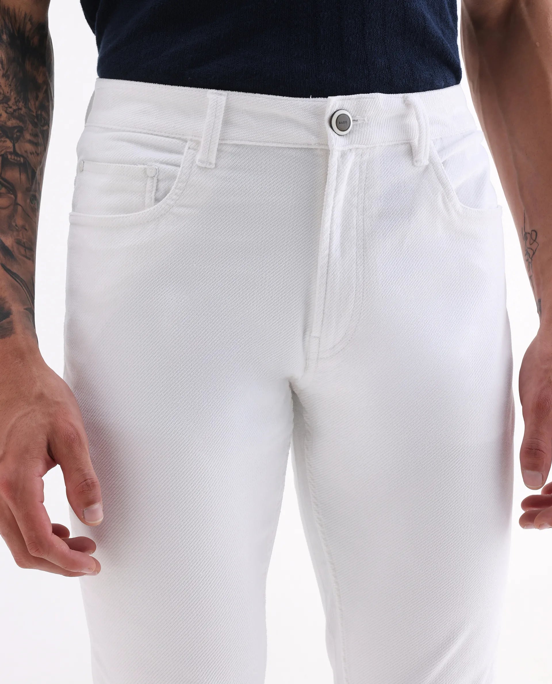 Rare Rabbit Men's Nahor White Cotton Plain Regular Fit Trouser