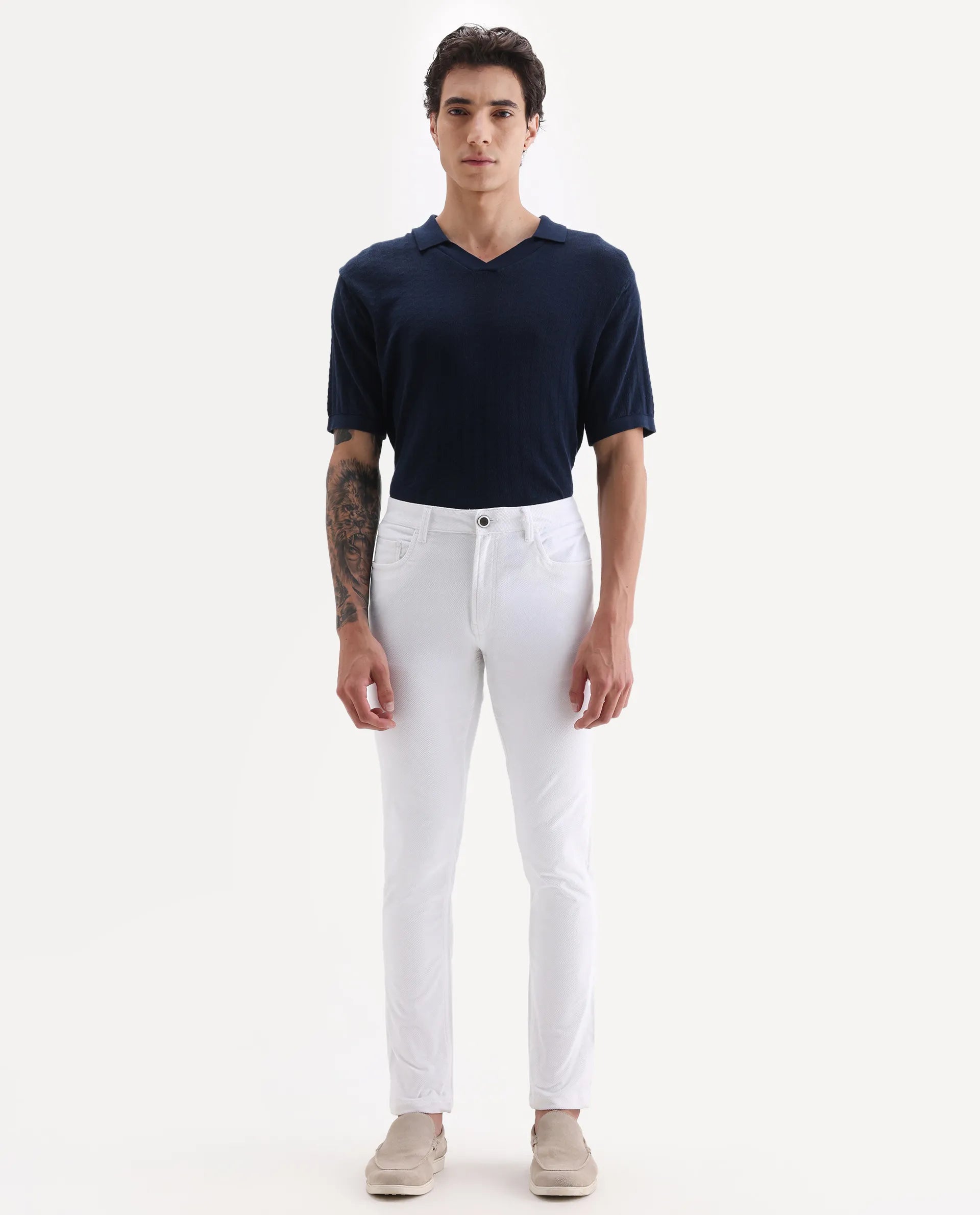 Rare Rabbit Men's Nahor White Cotton Plain Regular Fit Trouser