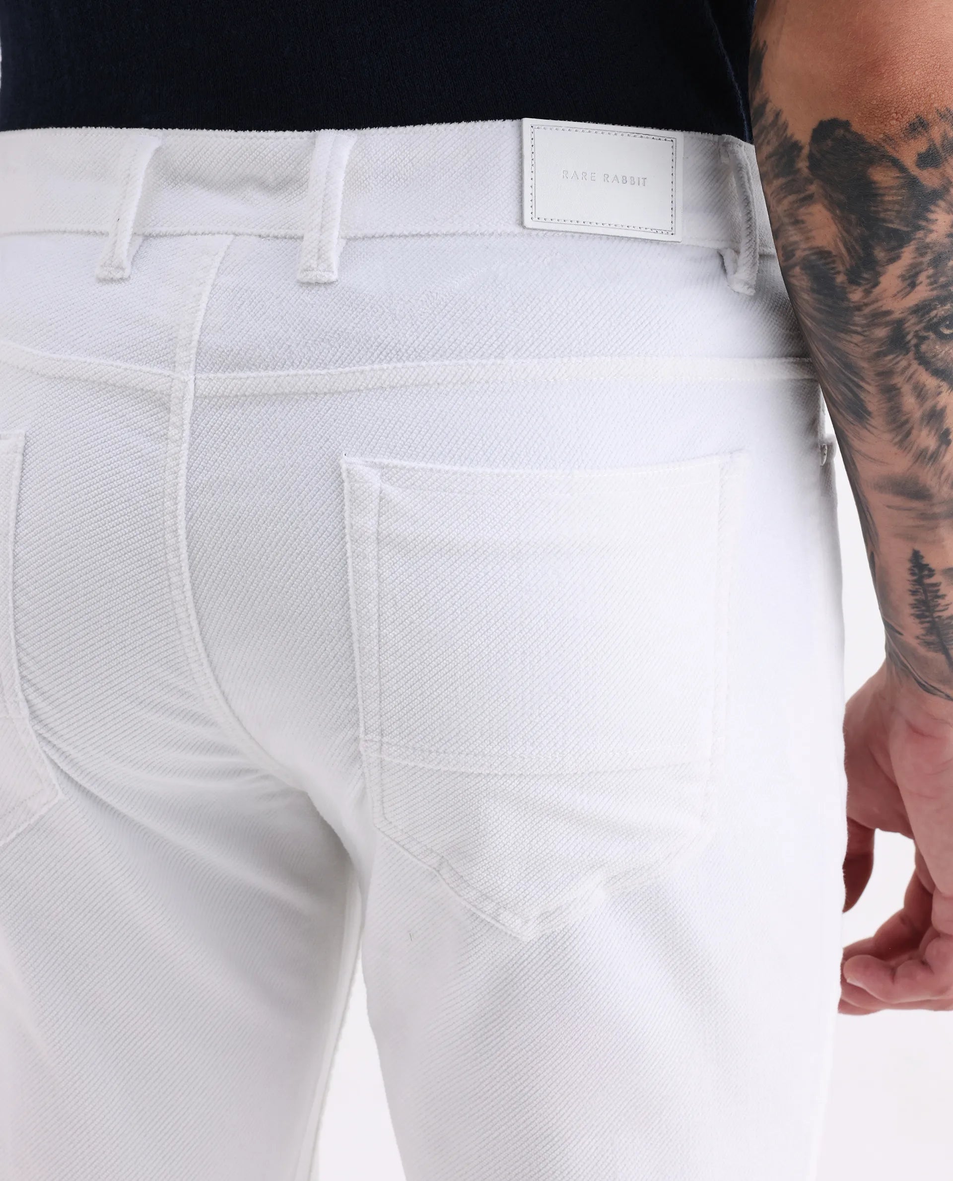 Rare Rabbit Men's Nahor White Cotton Plain Regular Fit Trouser