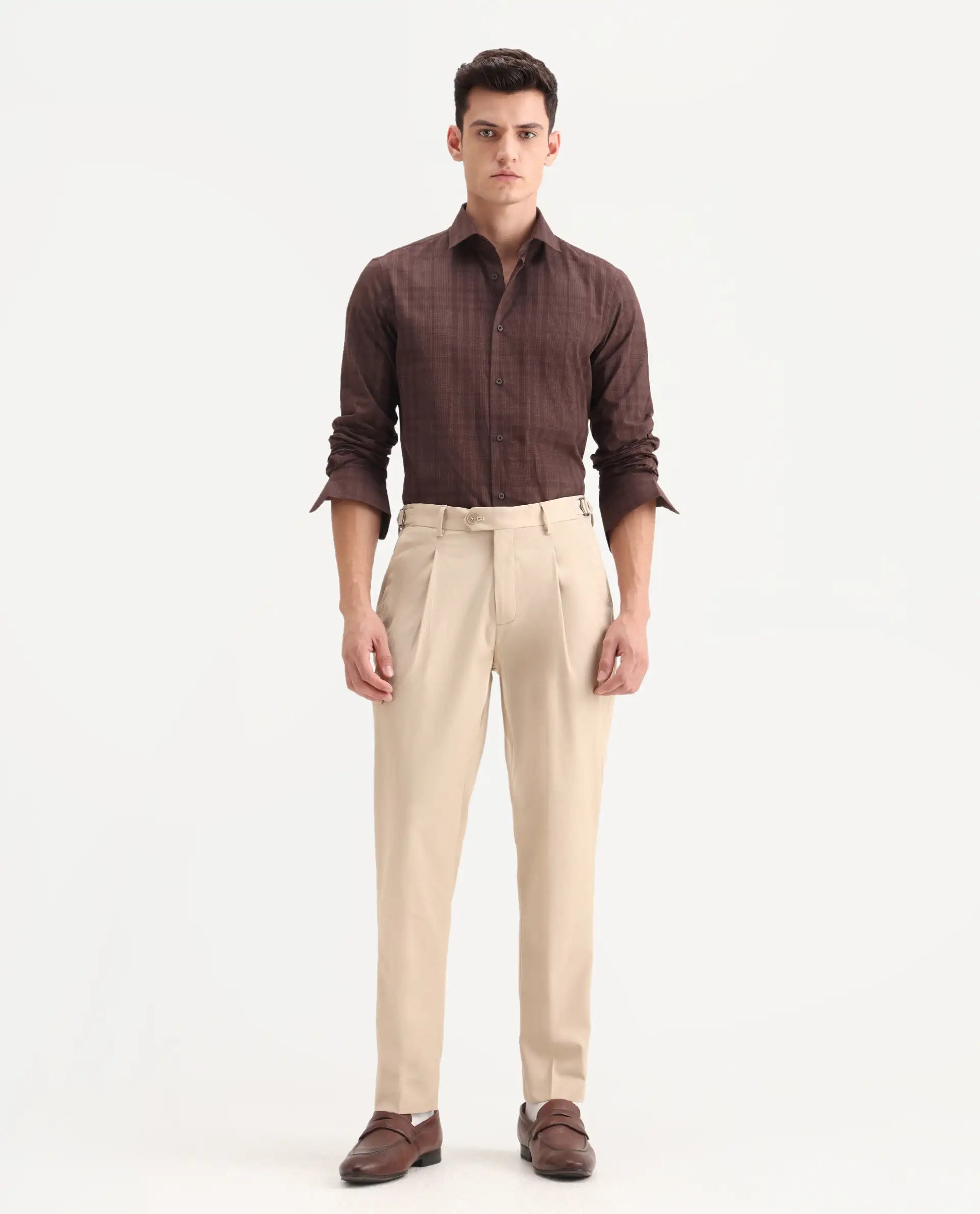 Rare Rabbit Men's Naji Beige Cotton Blend Plain Relaxed Fit Trouser