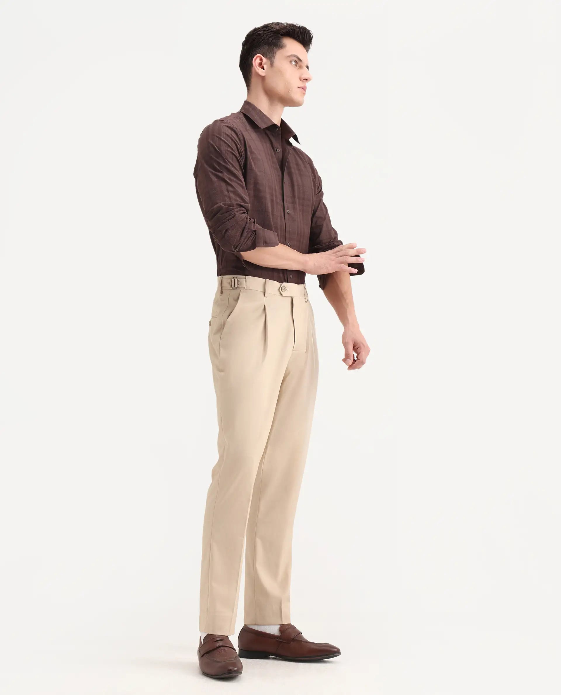 Rare Rabbit Men's Naji Beige Cotton Blend Plain Relaxed Fit Trouser