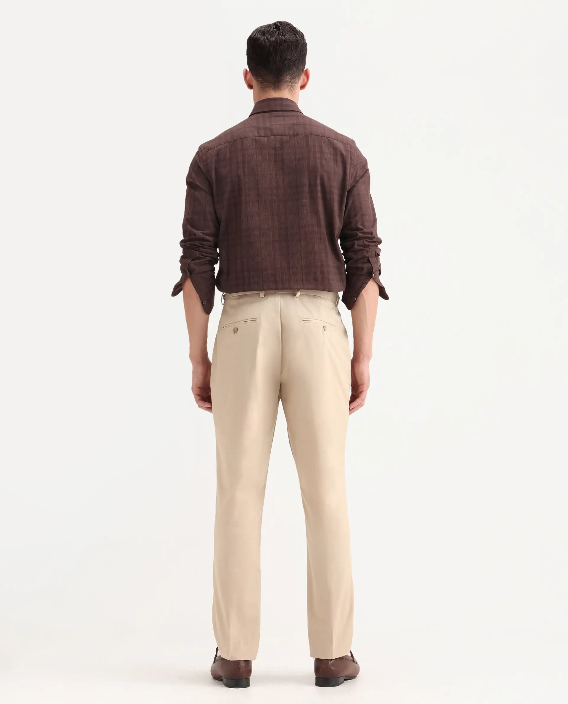 Rare Rabbit Men's Naji Beige Cotton Blend Plain Relaxed Fit Trouser