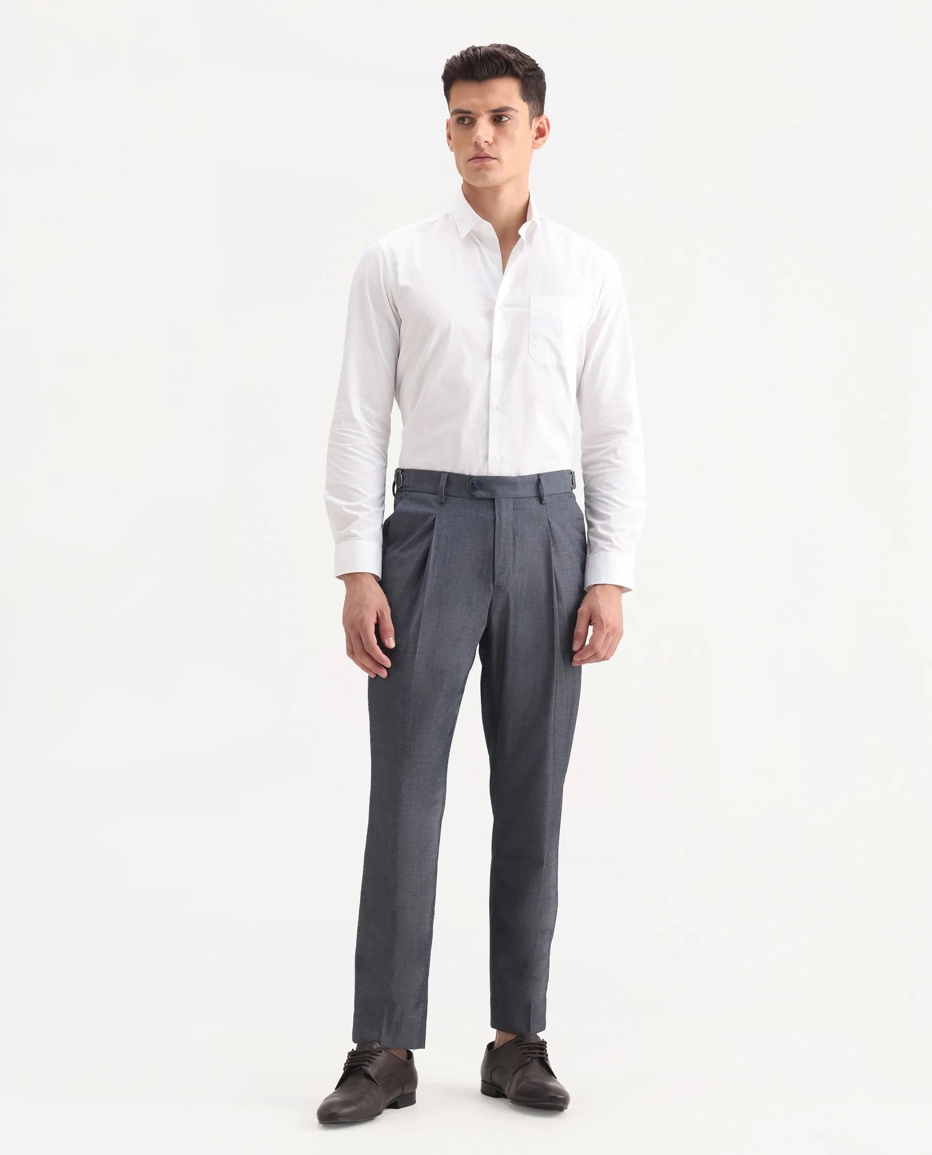 Rare Rabbit Men's Naji Blue Cotton Blend Plain Relaxed Fit Trouser