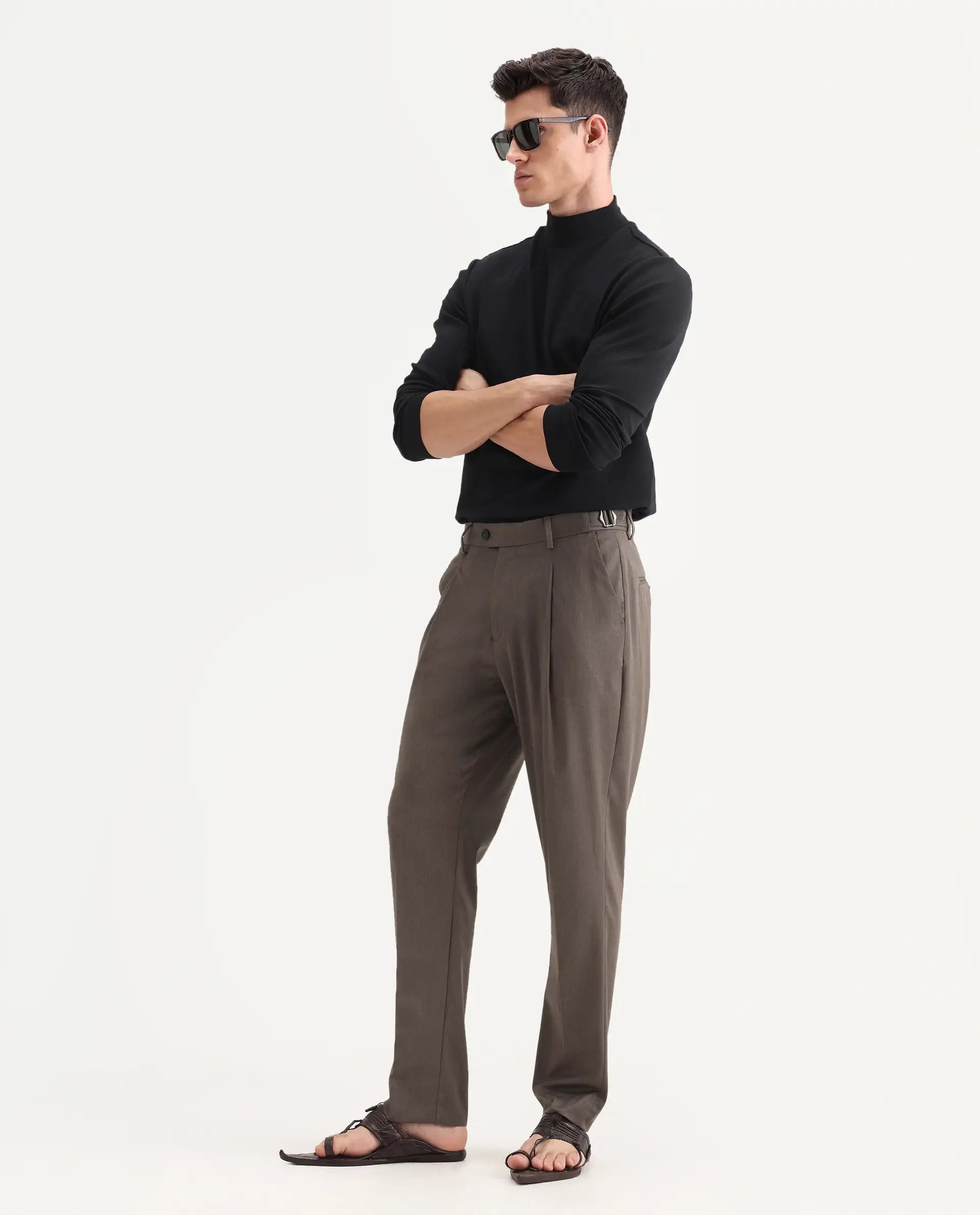 Rare Rabbit Men's Naji Dark Brown Cotton Blend Plain Relaxed Fit Trouser