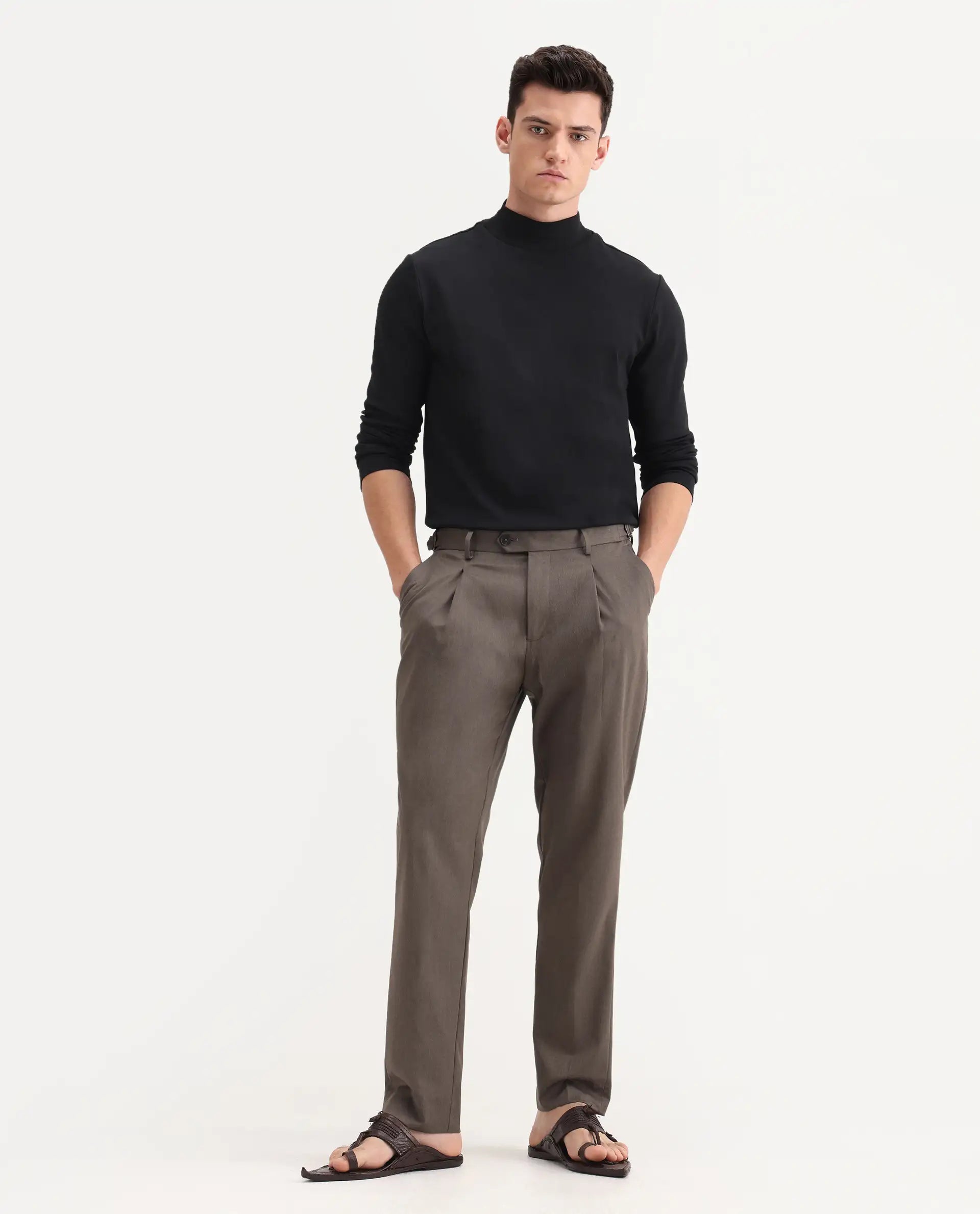 Rare Rabbit Men's Naji Dark Brown Cotton Blend Plain Relaxed Fit Trouser