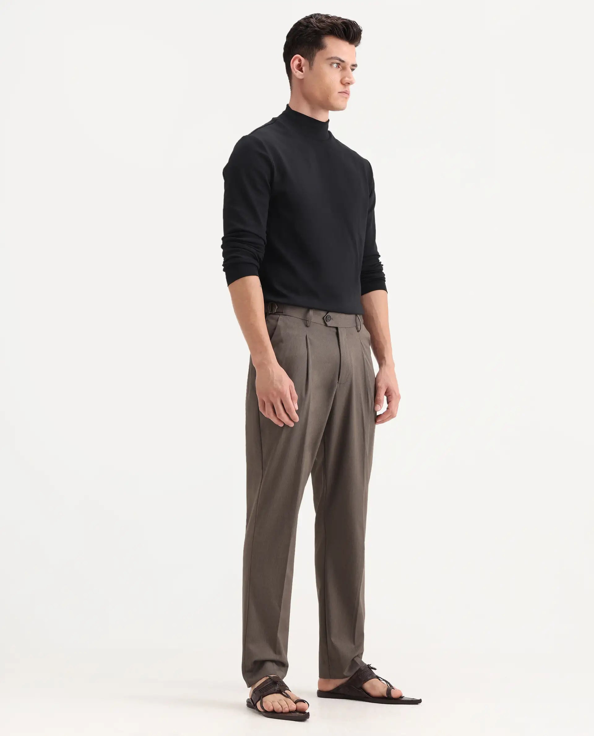 Rare Rabbit Men's Naji Dark Brown Cotton Blend Plain Relaxed Fit Trouser