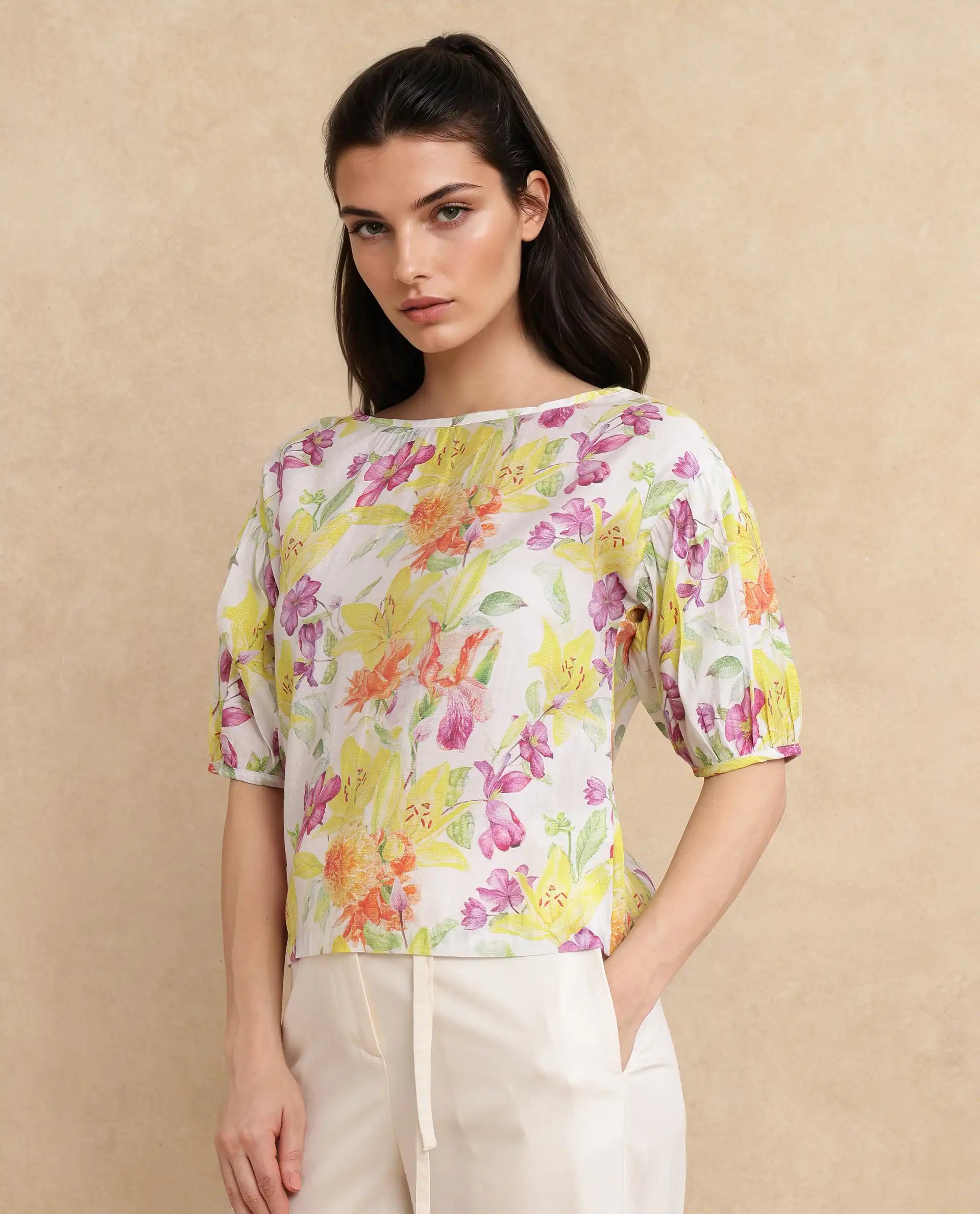 Rareism Women Naldu Multi Bishop Sleeve Crew Neck Floral Print Top