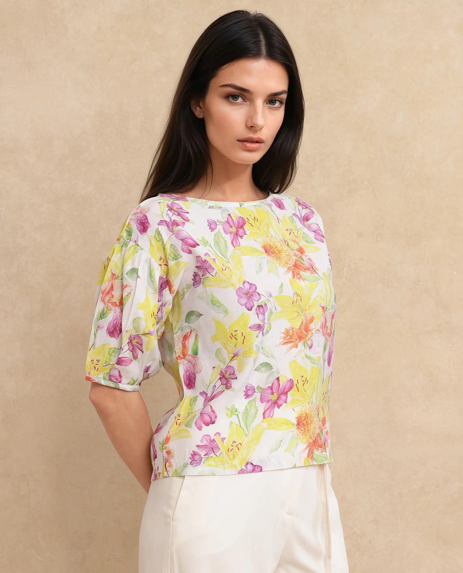 Rareism Women Naldu Multi Bishop Sleeve Crew Neck Floral Print Top