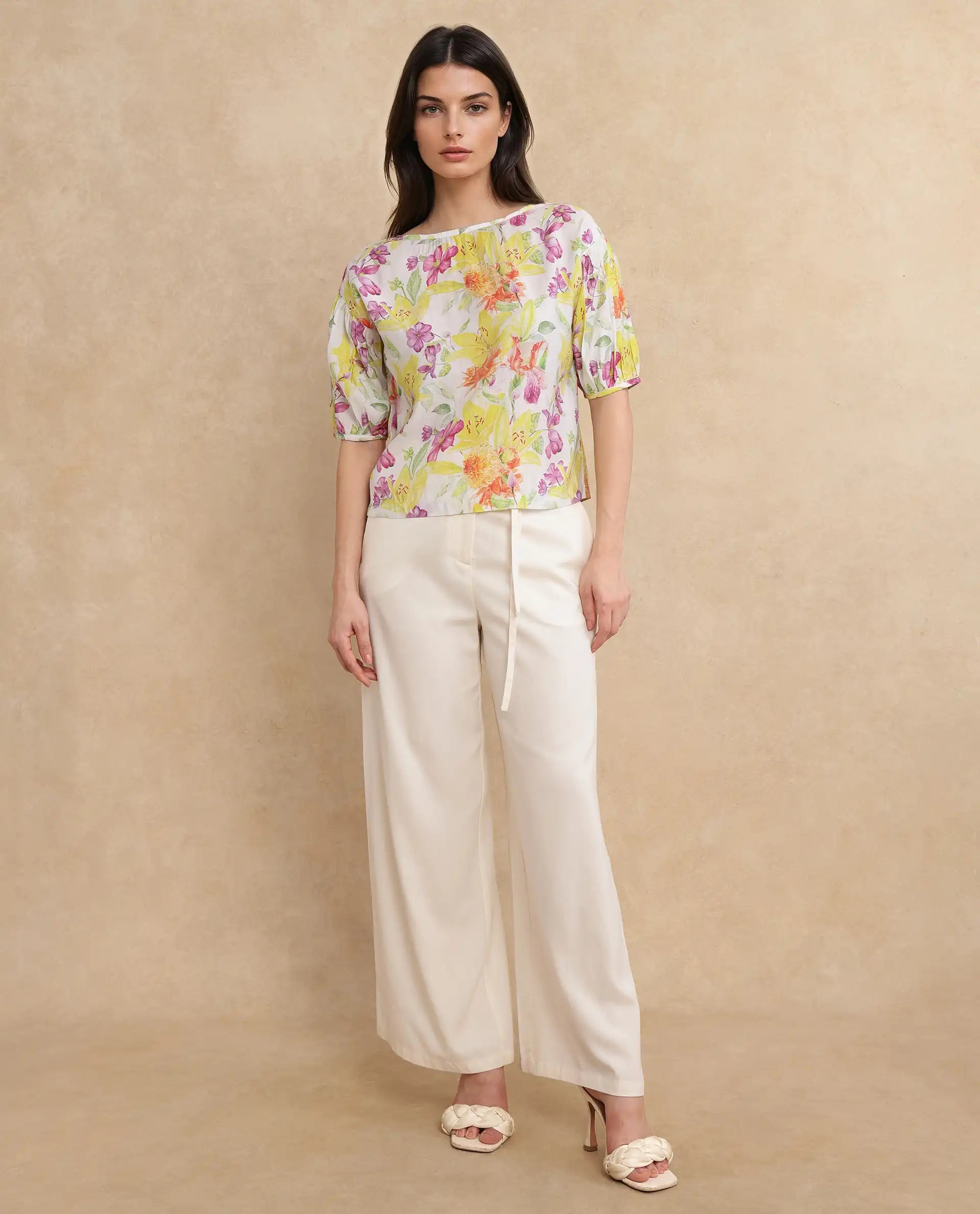 Rareism Women Naldu Multi Bishop Sleeve Crew Neck Floral Print Top