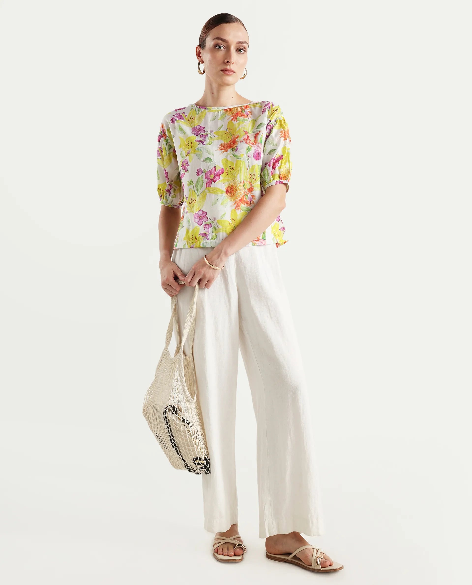 Rareism Women's Naldu Multi Viscose Crew Neck Floral Print Bishop Sleeve Boxy Fit Top