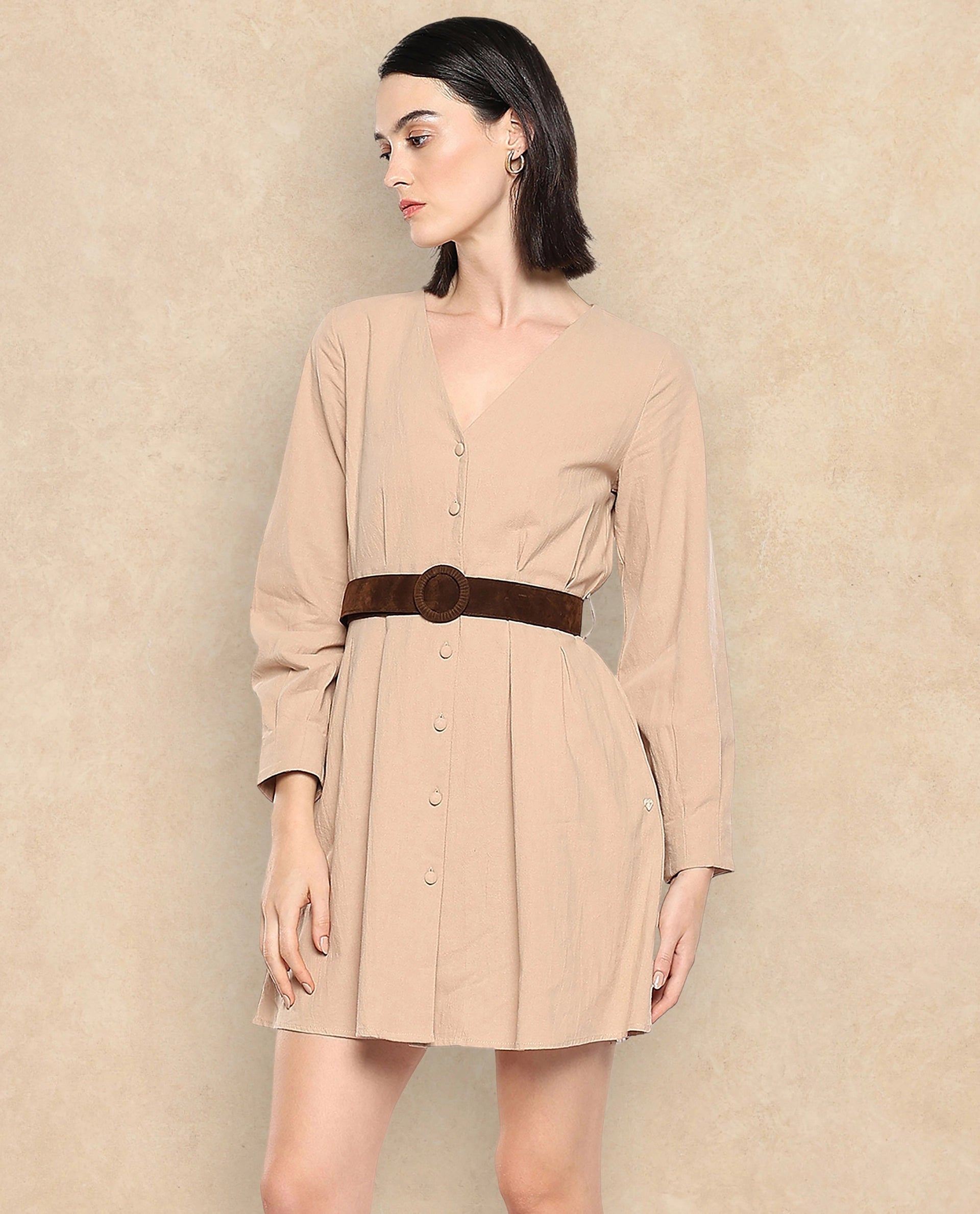 Rareism Women Nami Beige Plain Dress