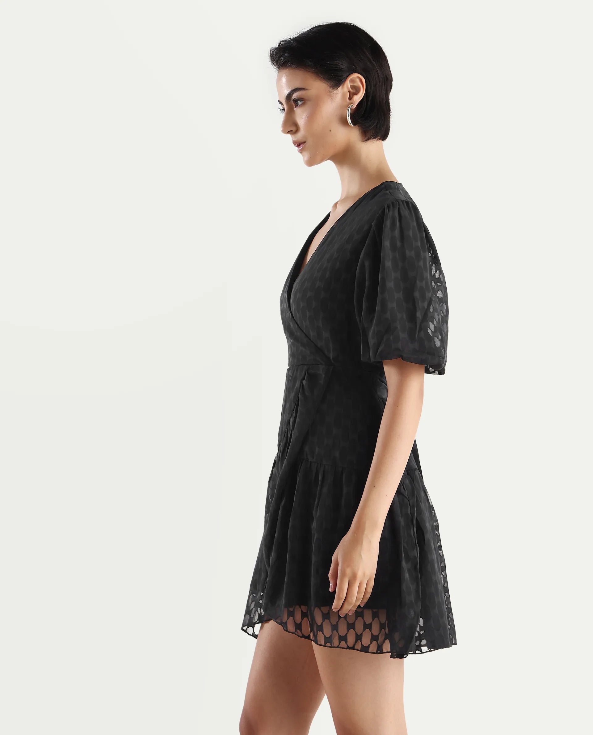 Rareism Women's Namika Black Polyester Blend V-Neck Plain Balloon Sleeve Mini Fit And Flare Dress