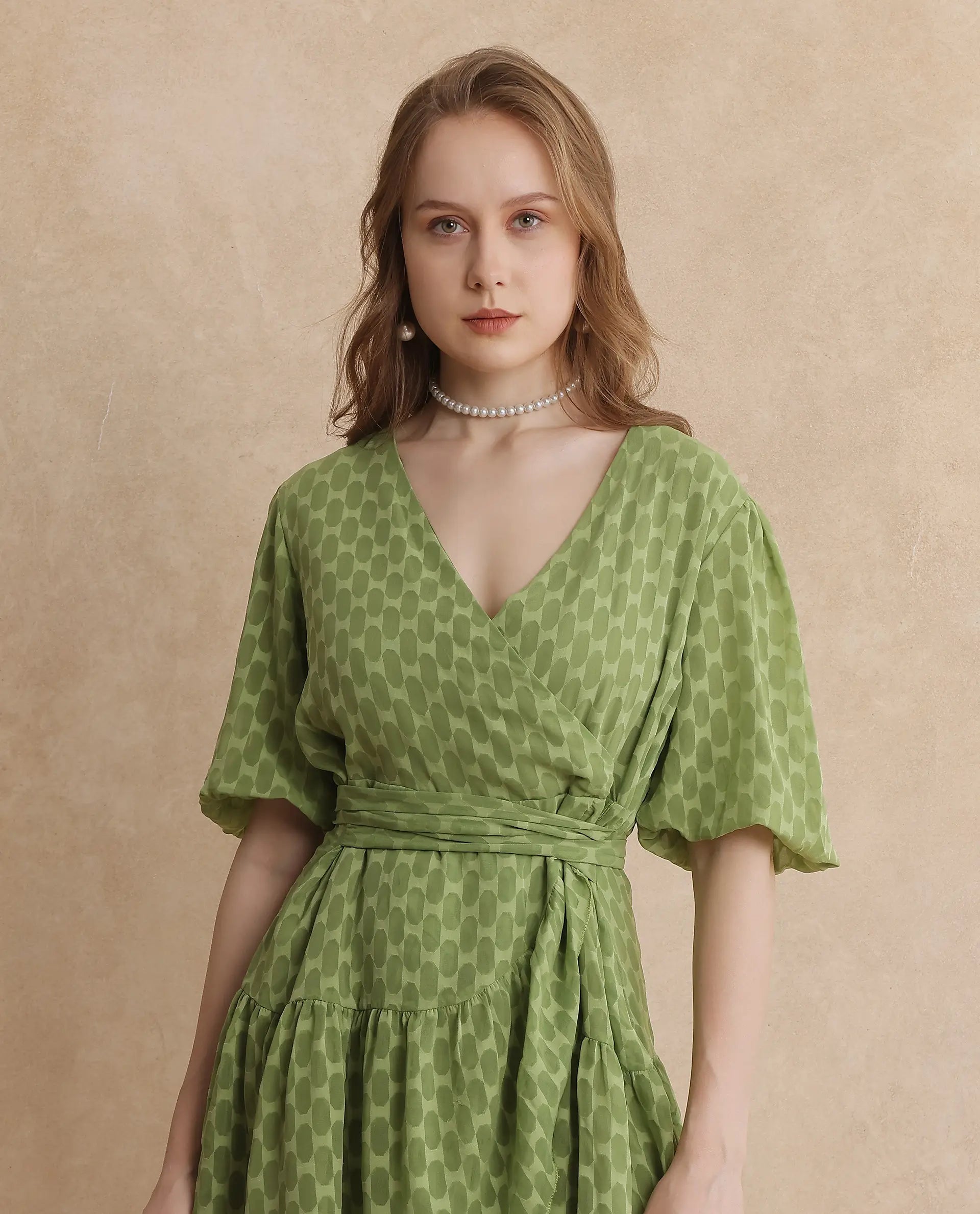 Rareism Women's Namika Light Green  V-Neck Tie-Up Closure Balloon Sleeve Plain Fit And Flare Mini Dress