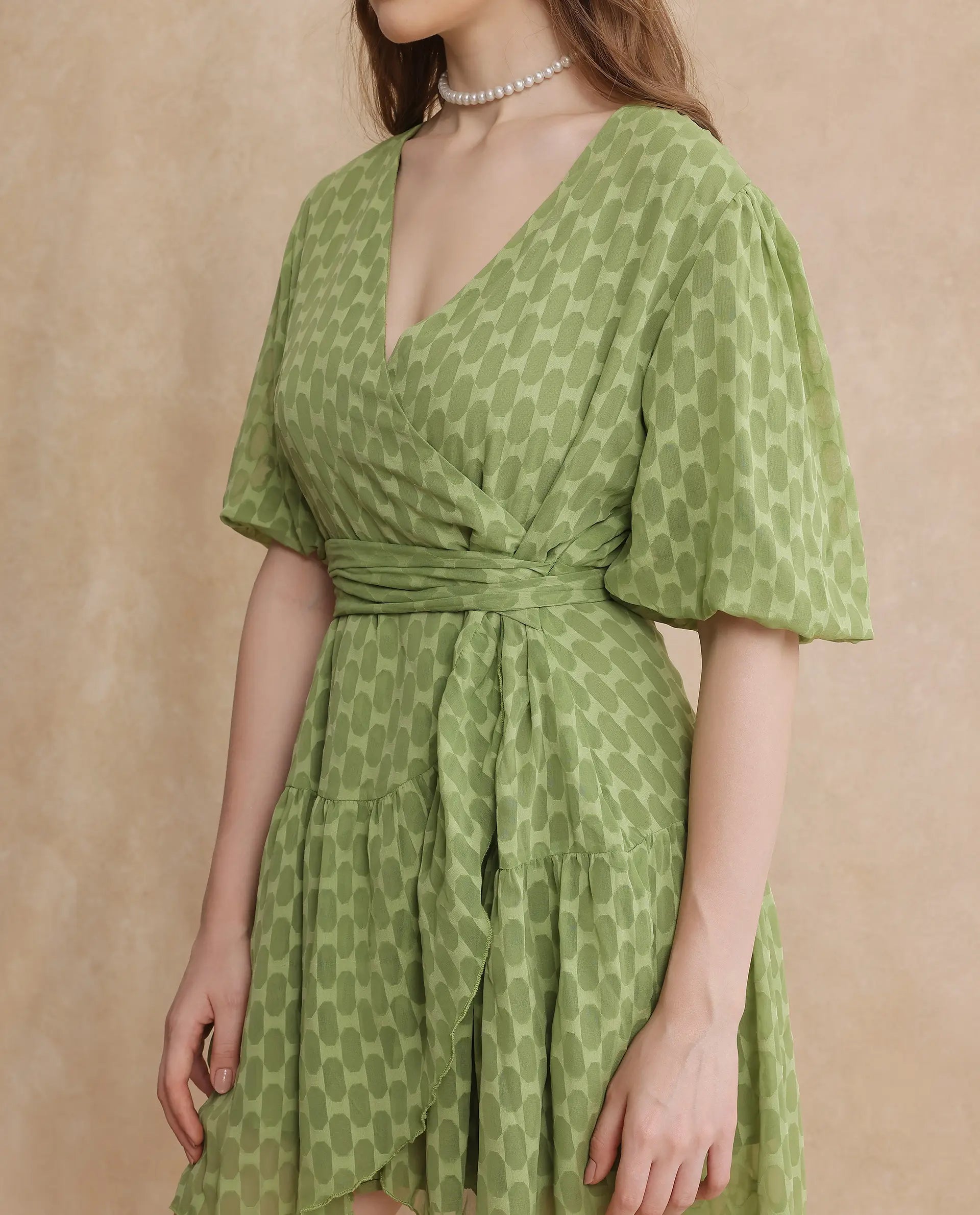 Rareism Women's Namika Light Green  V-Neck Tie-Up Closure Balloon Sleeve Plain Fit And Flare Mini Dress