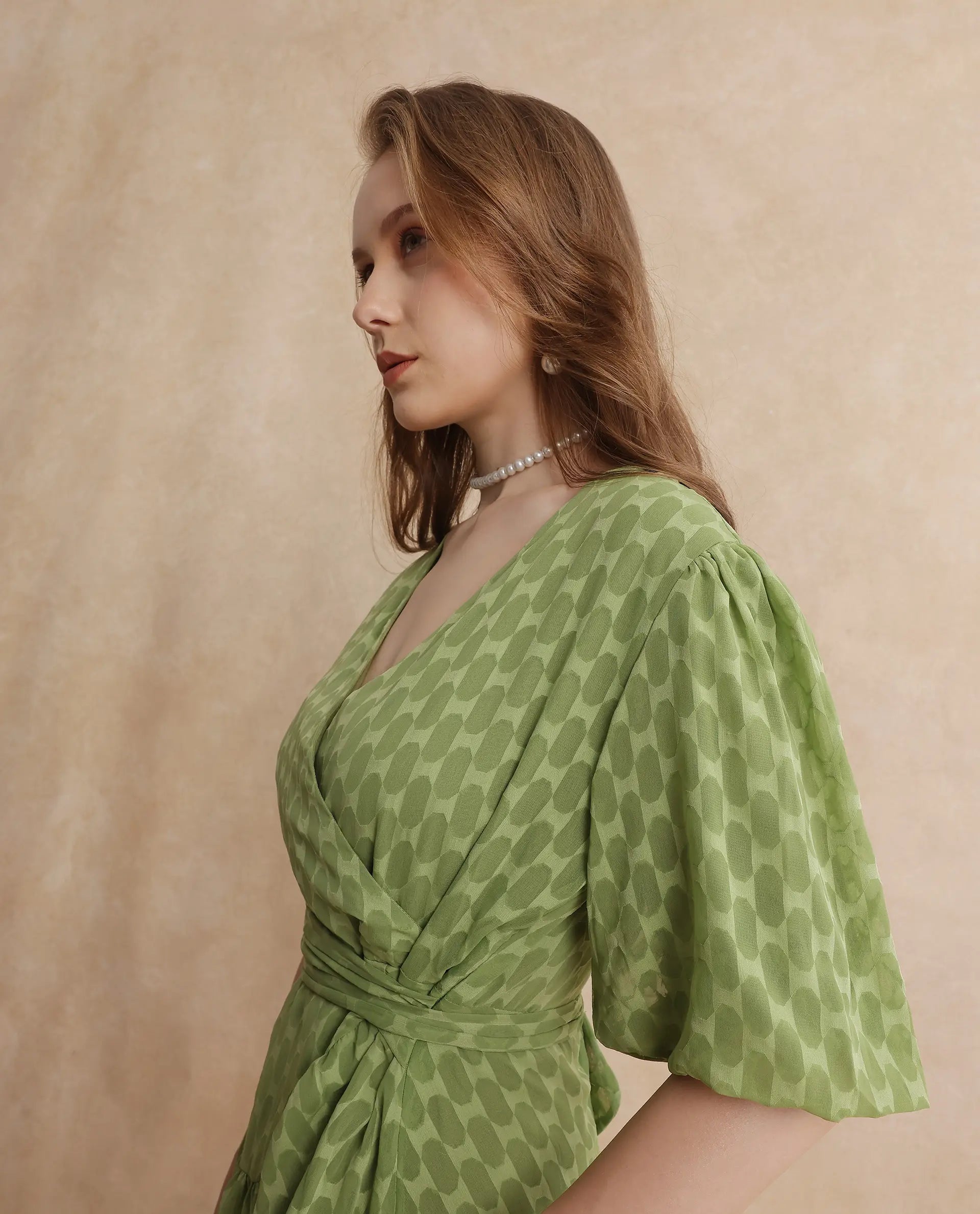 Rareism Women's Namika Light Green  V-Neck Tie-Up Closure Balloon Sleeve Plain Fit And Flare Mini Dress